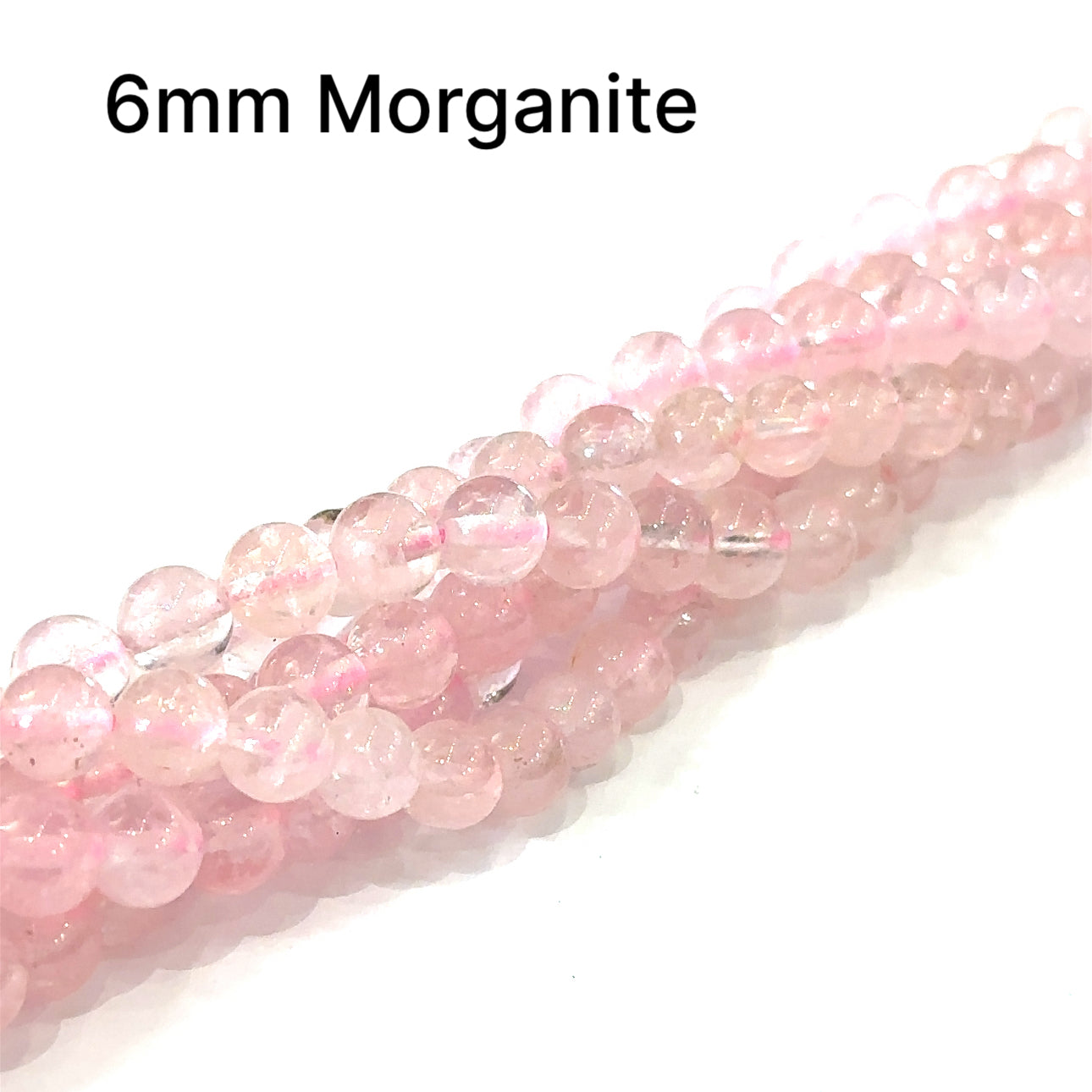 6mm Morganite gemstone strand with soft pink round smooth 16'' strands  on a white background, front overview.