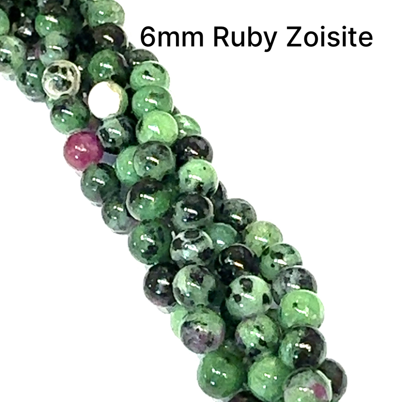 6mm Natural ruby zoisite smooth round gemstone strand with green zoisite and red ruby for heart chakra vitality and passion on a white background, front overview. 