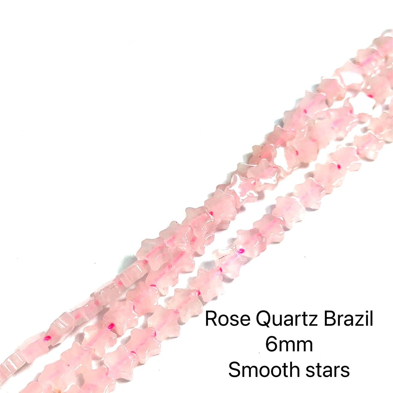 6mm  Rose Quartz gemstone beads, smooth stars, 16'' strand on a white background, front overview.
