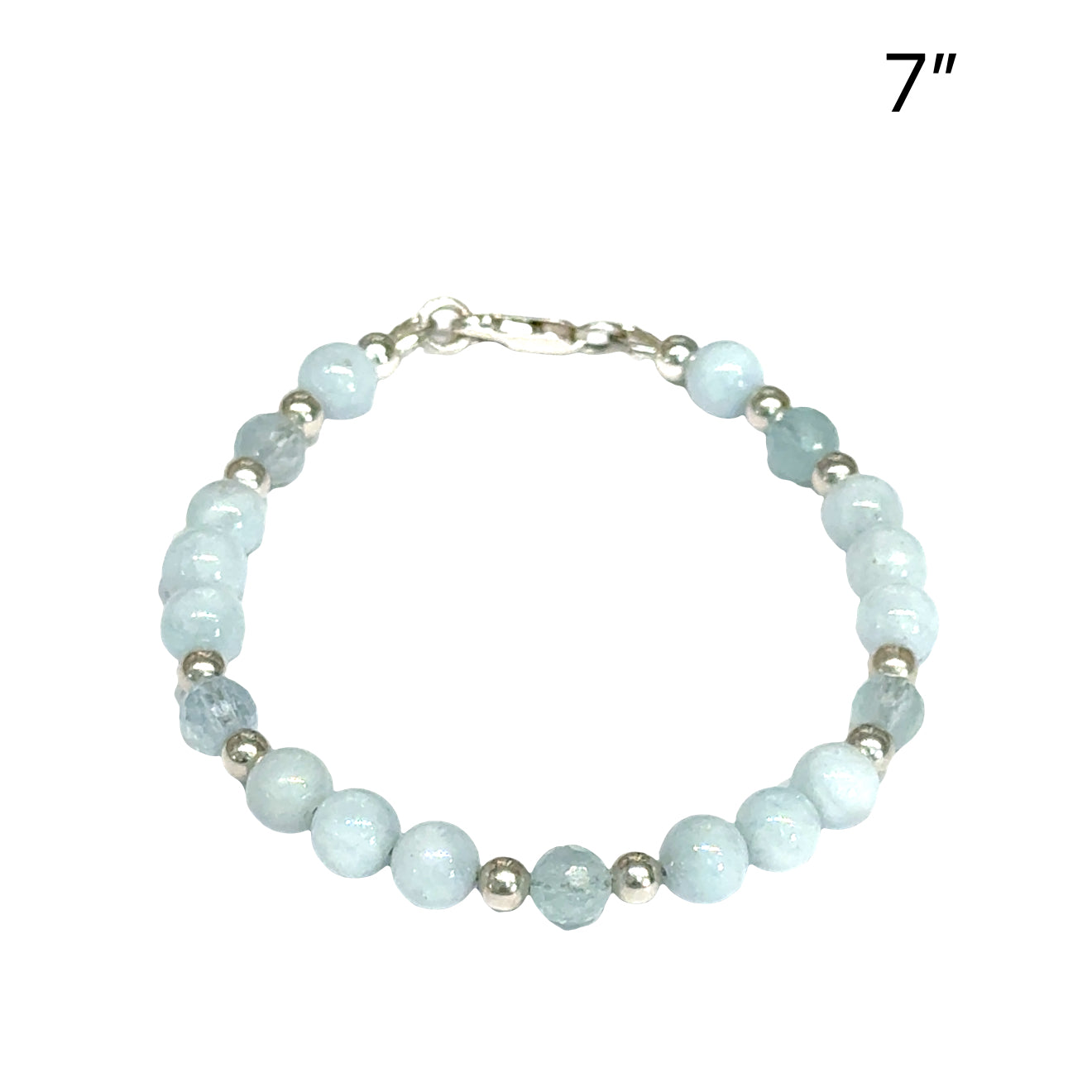 6mm smooth and Micro faceted round Aquamarine gemstone beaded bracelet with sterling silver beads and  lobster claw clasp size 7'' showing pale blue color  translucent on a white background right angle overview. 