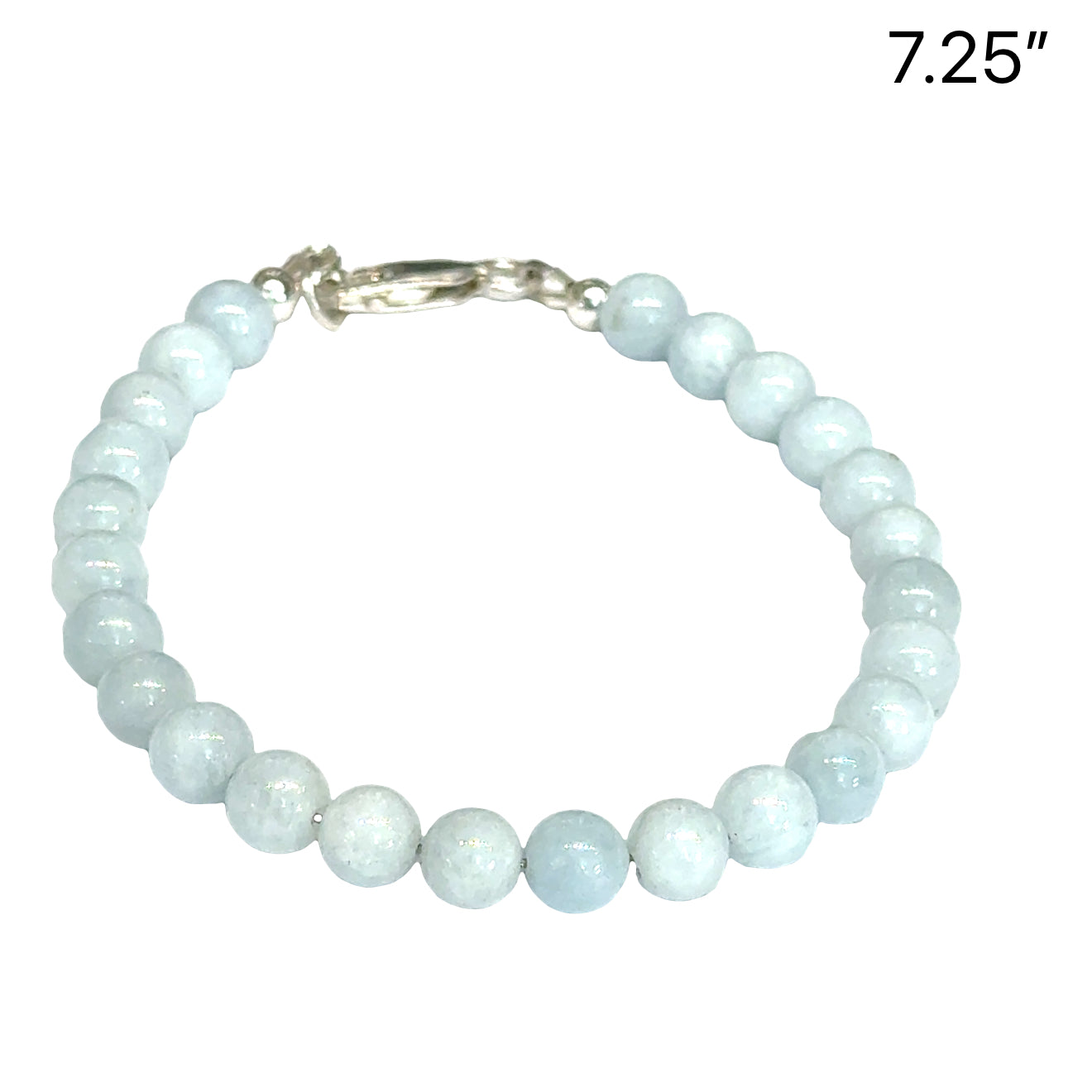 6mm smooth round Aquamarine gemstone beaded bracelet with sterling silver beads and  lobster claw clasp size 7.25'' showing pale blue color on a white background front overview. 