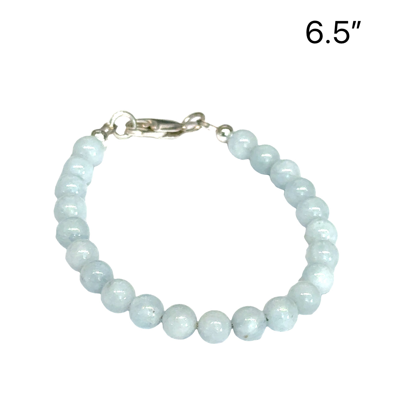 6mm smooth round Aquamarine gemstone beaded bracelet with sterling silver lobster claw clasp size 6.5'' showing pale blue color on a white background front overview. 
