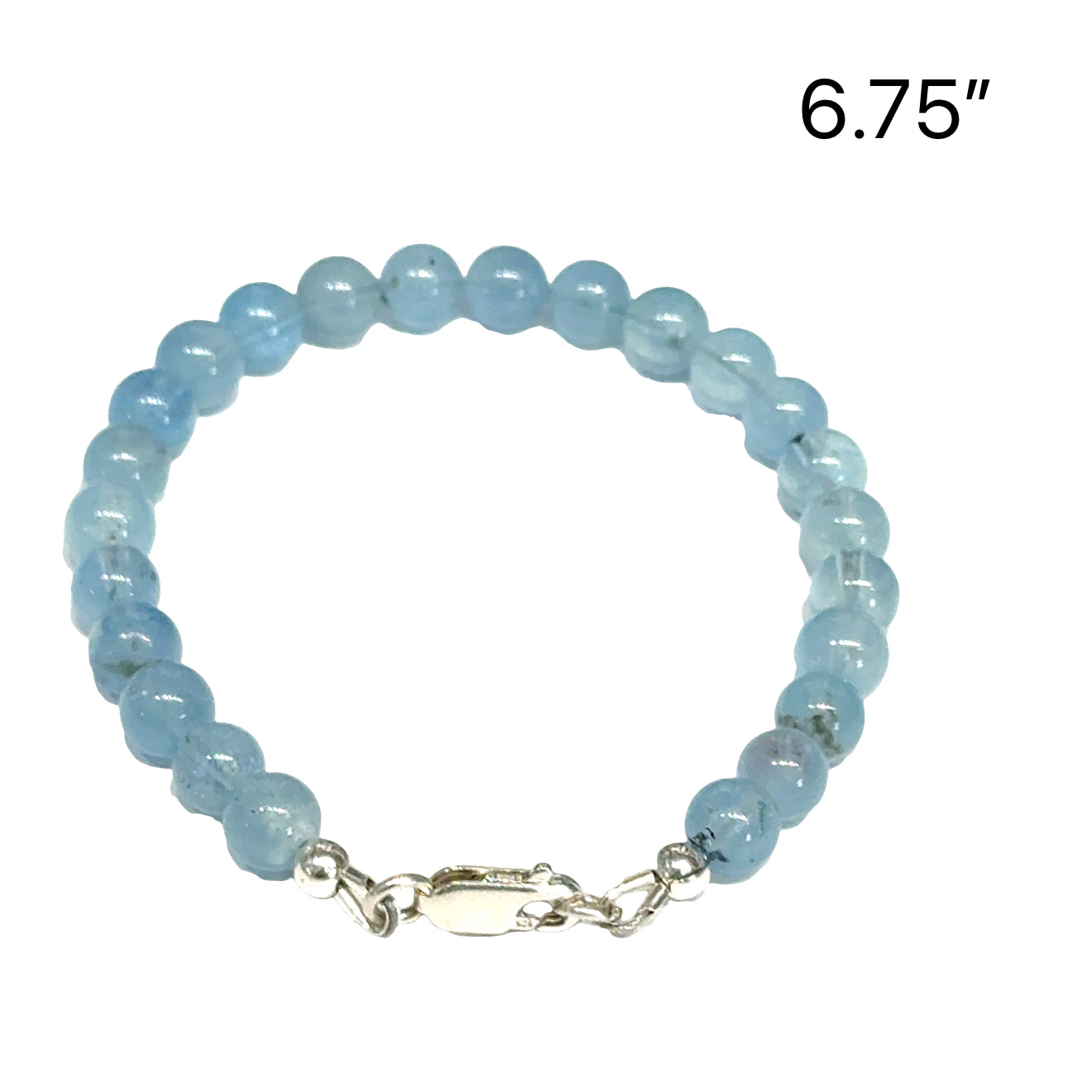 6mm smooth round Aquamarine gemstone beaded bracelet with sterling silver lobster claw clasp size 6.75'' showing pale blue color  translucent on a white background back overview. 