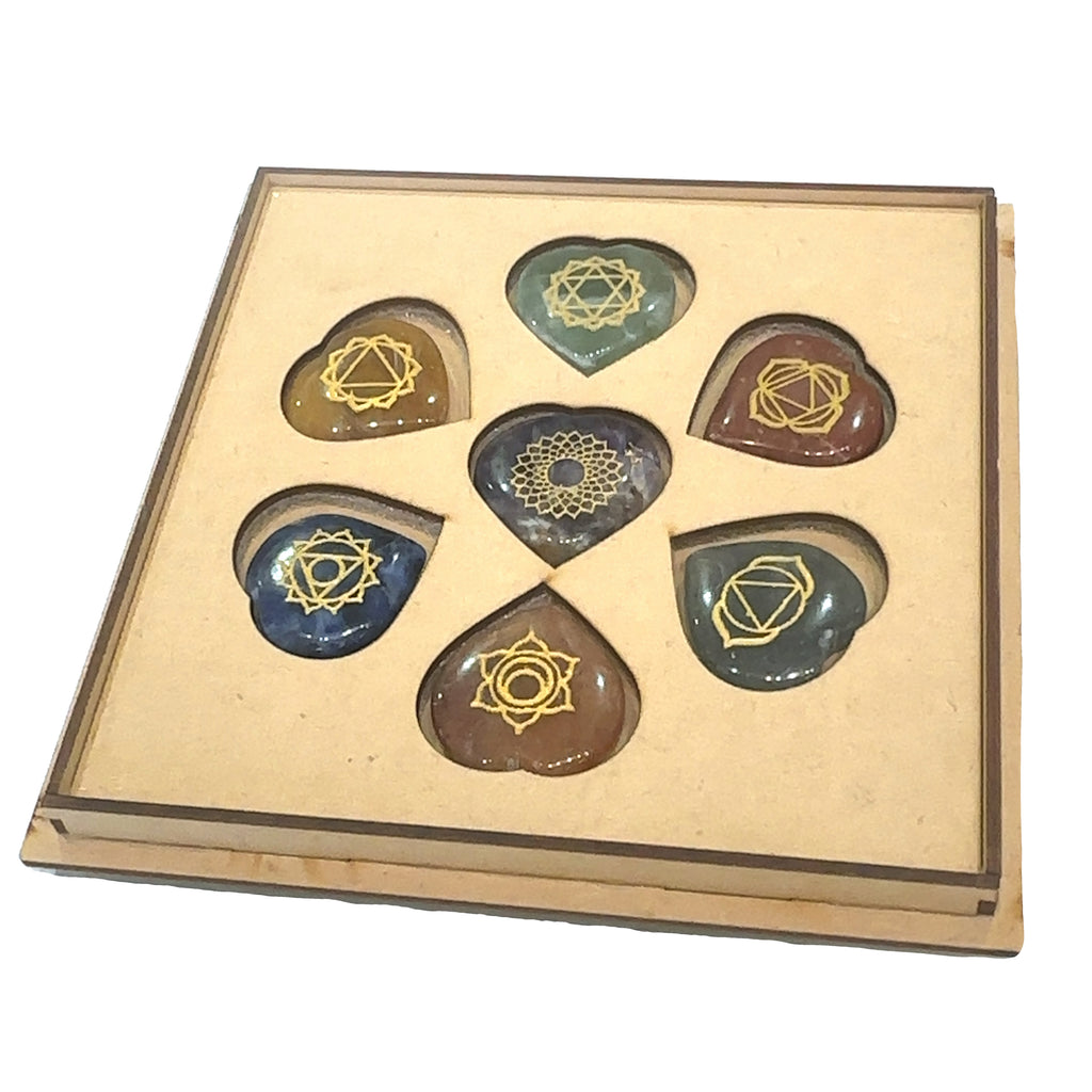 7-Chakra Gemstone Hearts Set  on white front and center, up close view