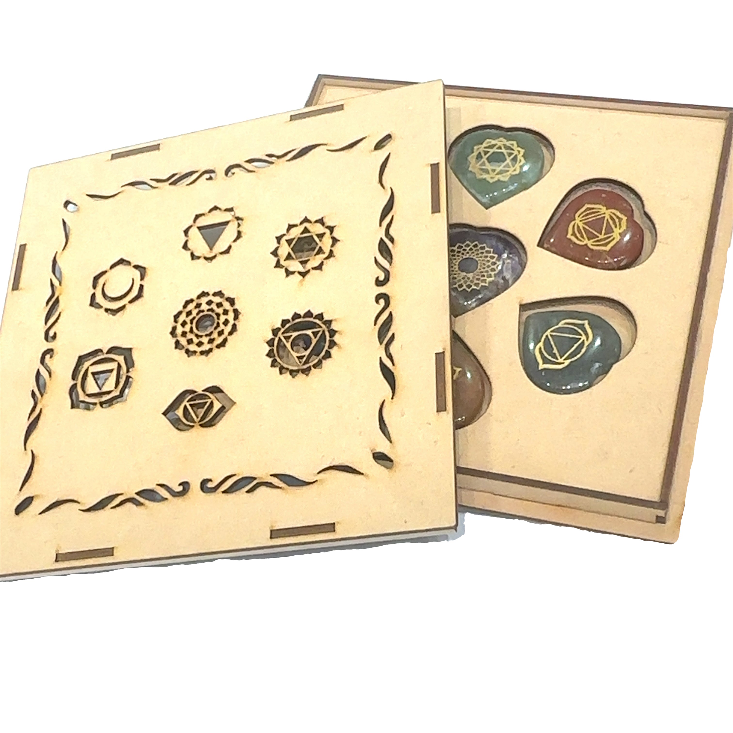 7-Chakra Gemstone Hearts Set  on white front and center view