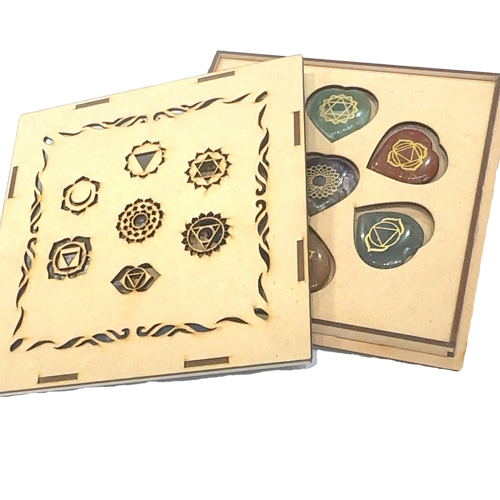 7-Chakra Gemstone Hearts Set  on white front and center view