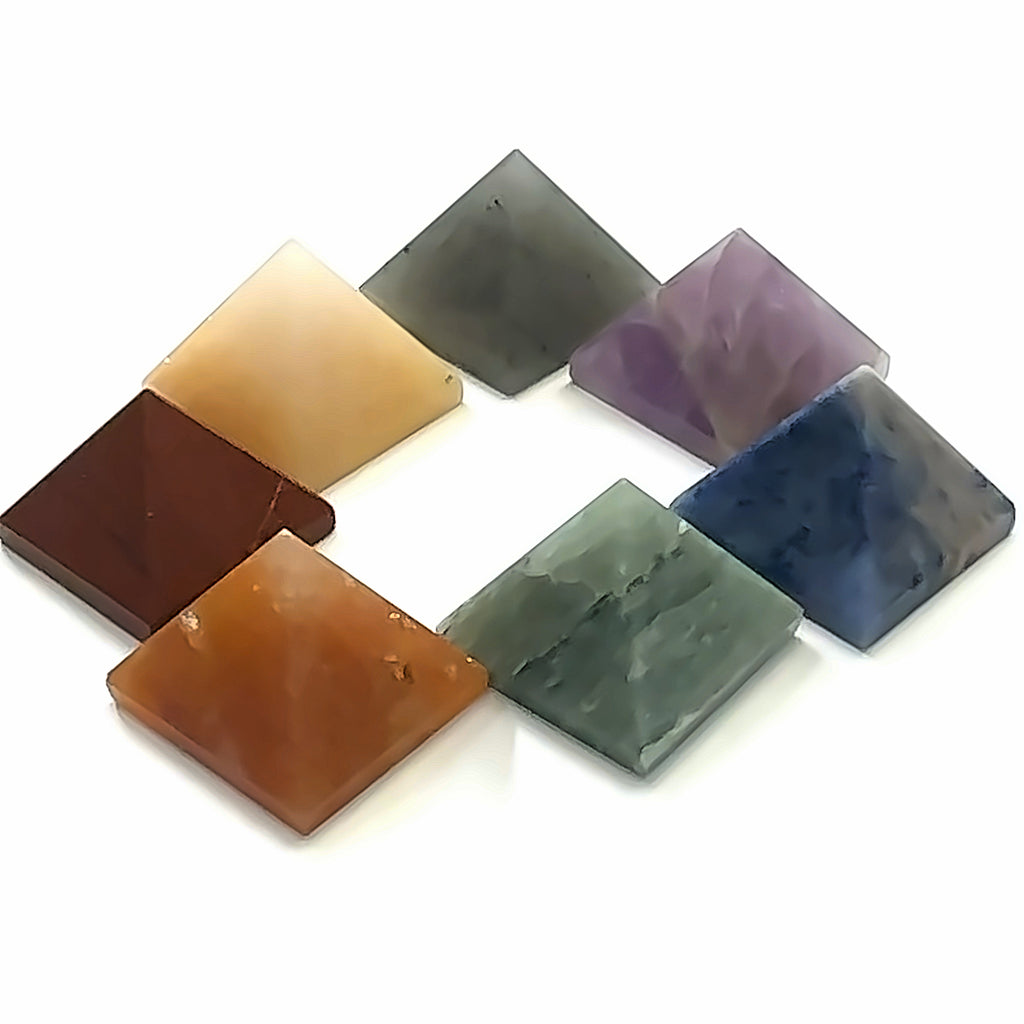 7-Chakra Gemstone Pyramid Set on white center close up overview