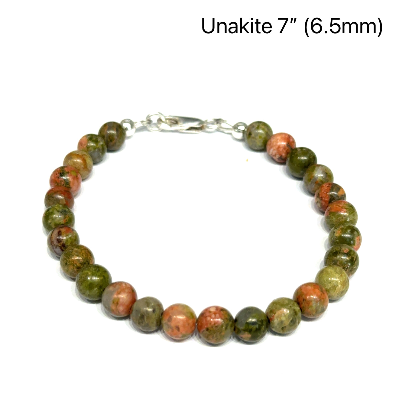 7'' Unakite beaded bracelet with 6mm smooth round gemstones and a sterling silver lobster claw clasp for gentle emotional healing, on a white background, front view. 