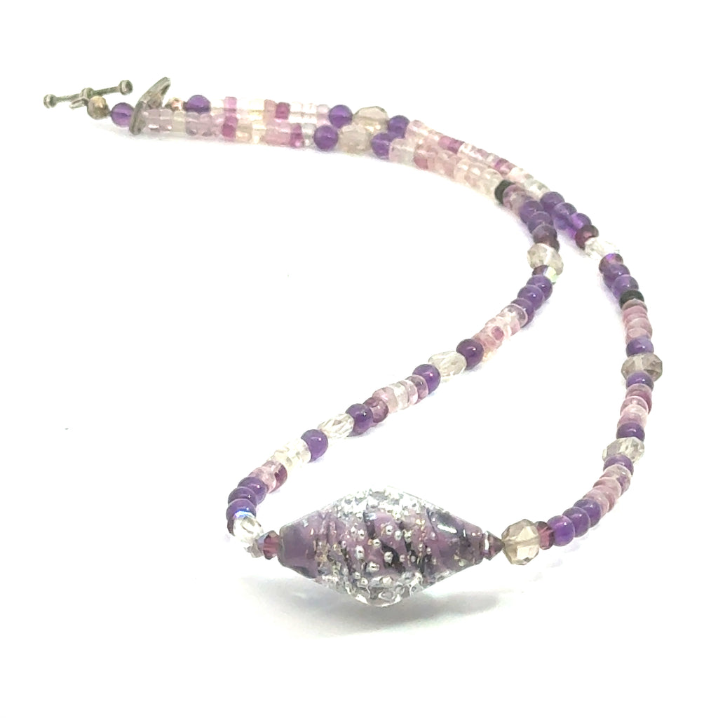 Amethyst and Clear Quartz beaded gemstone necklace with a Blown Glass Centerpiece, jewelry