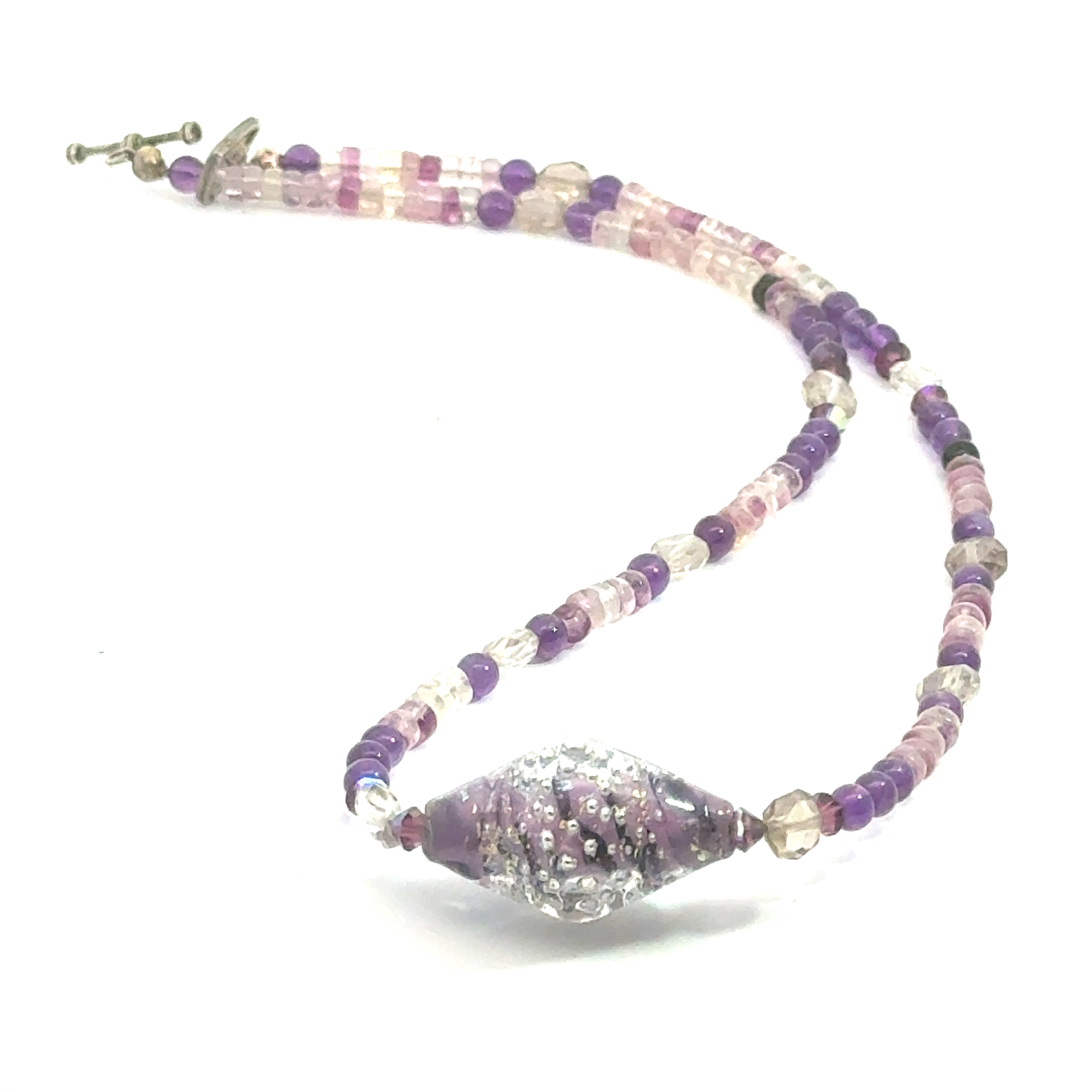 Amethyst and Clear Quartz beaded gemstone necklace with a Blown Glass Centerpiece, jewelry