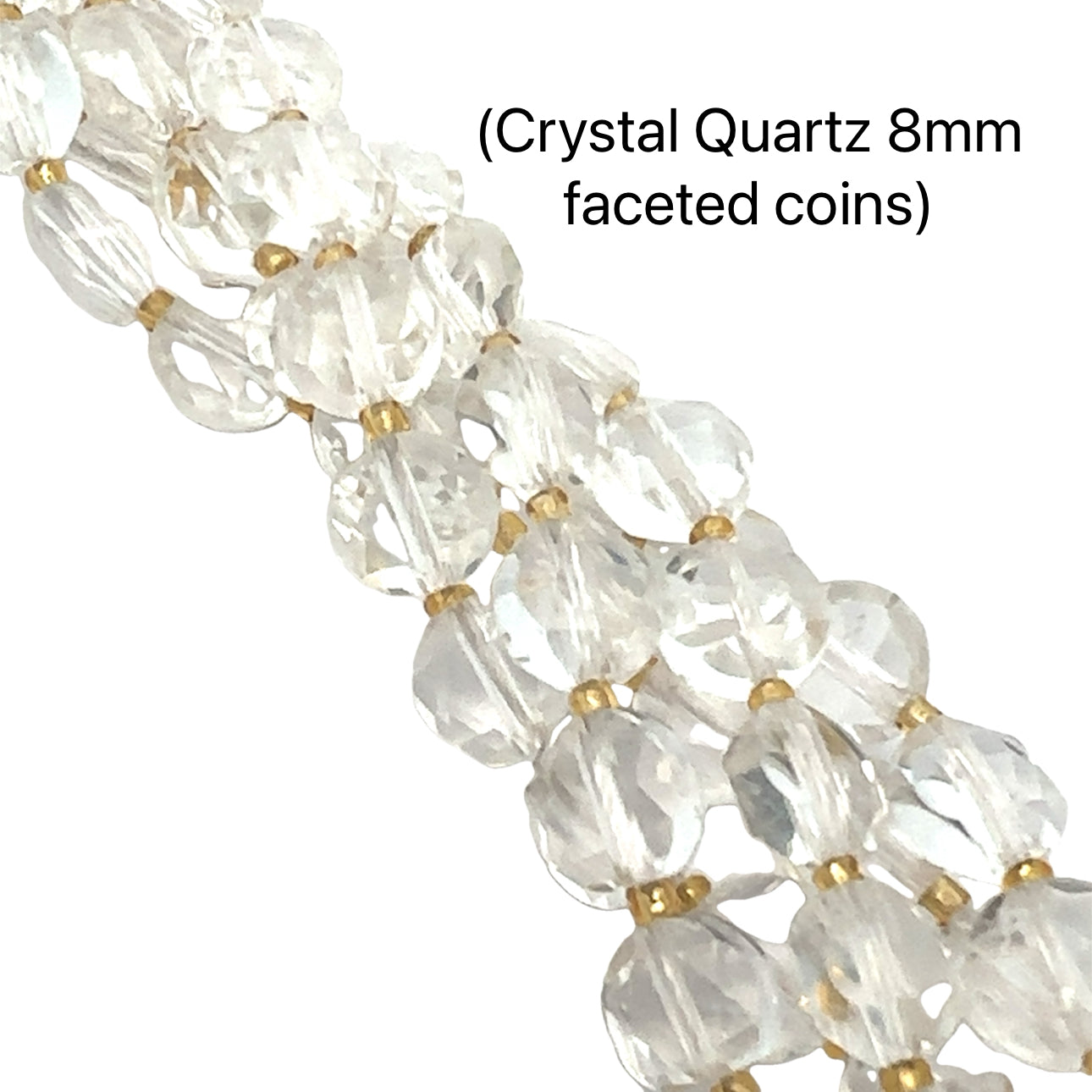 8mm Clear Quartz faceted coins gemstone strand on a white background, overview. 