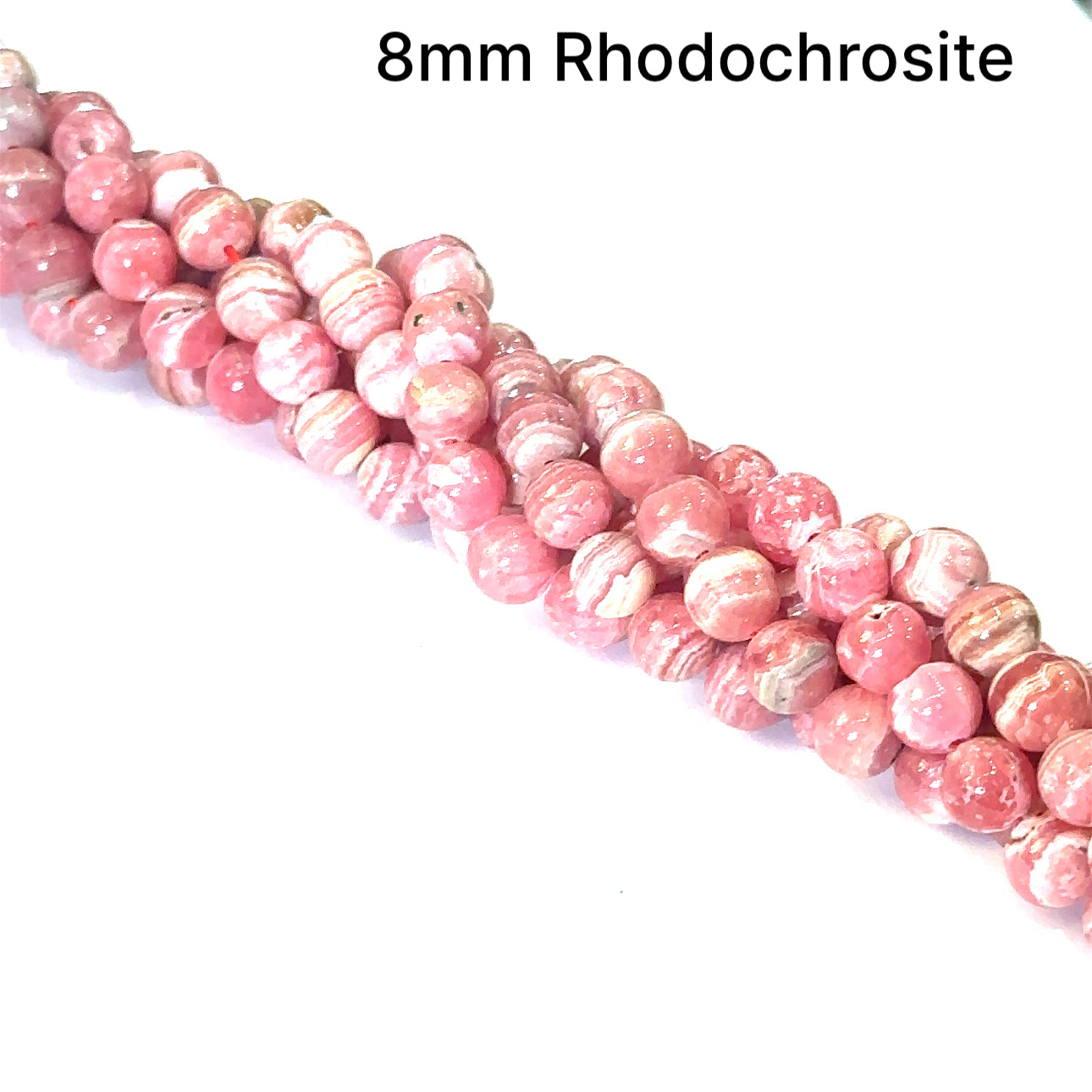 8mm Rhodochrosite smooth round gemstone strand on a white background, front  close up overview.