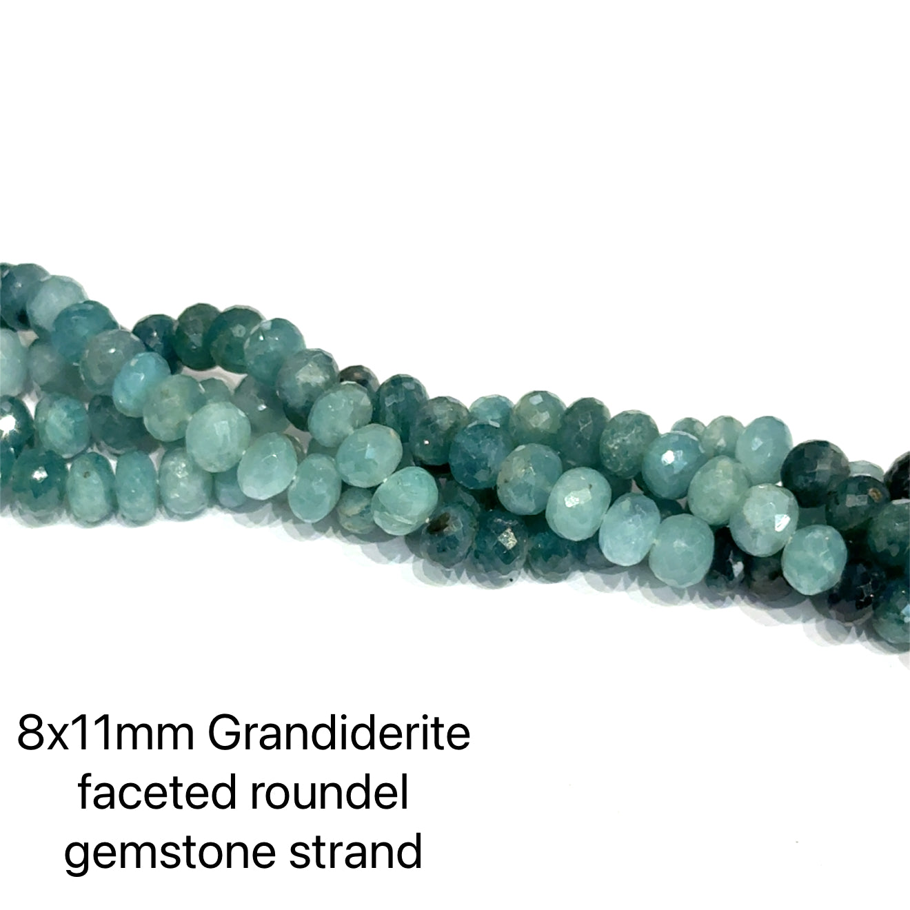 8x11mm Grandiderite faceted roundel gemstone strand on a white background, on a white background, front view.