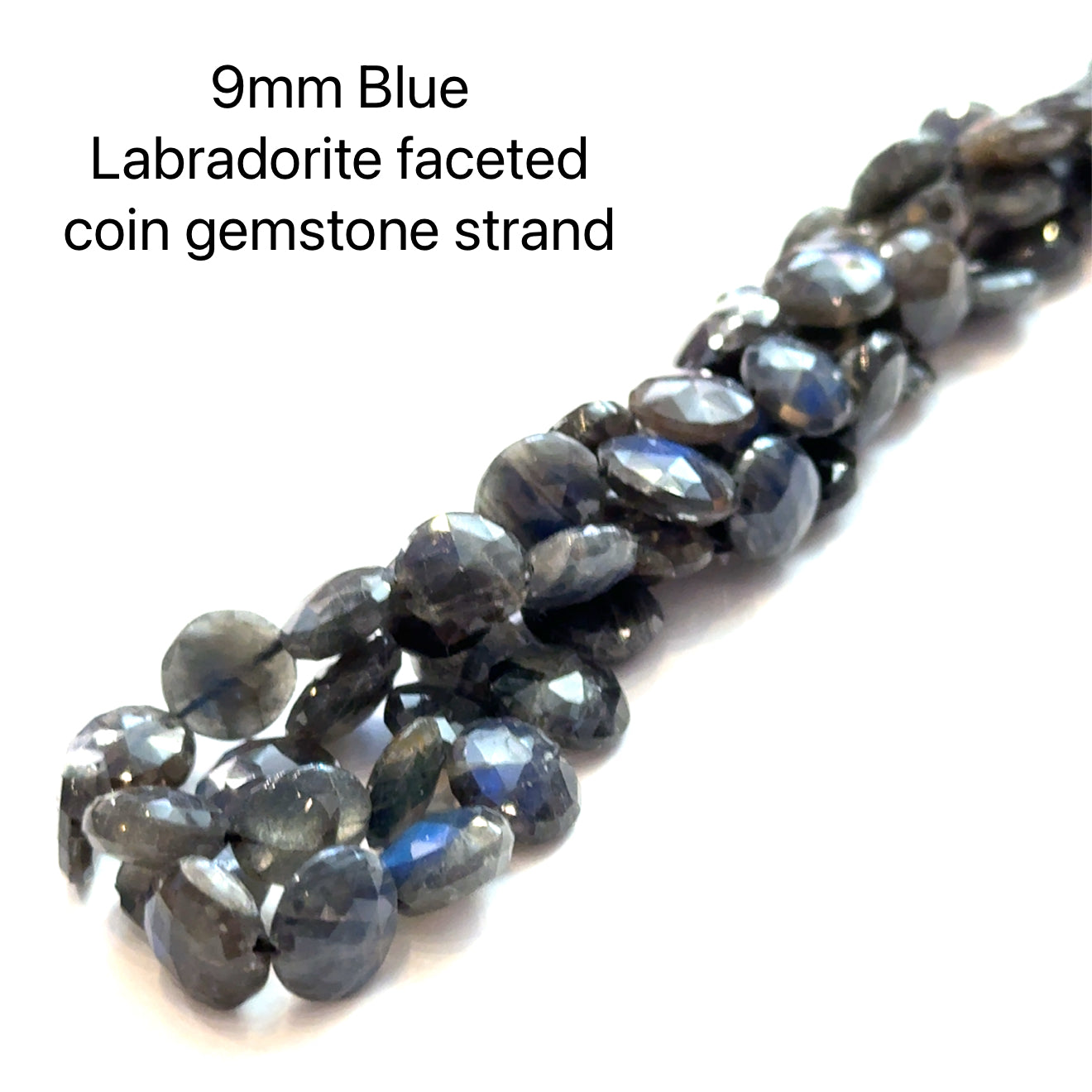 9mm faceted coins Labradorite beads on a white background, front overview. 