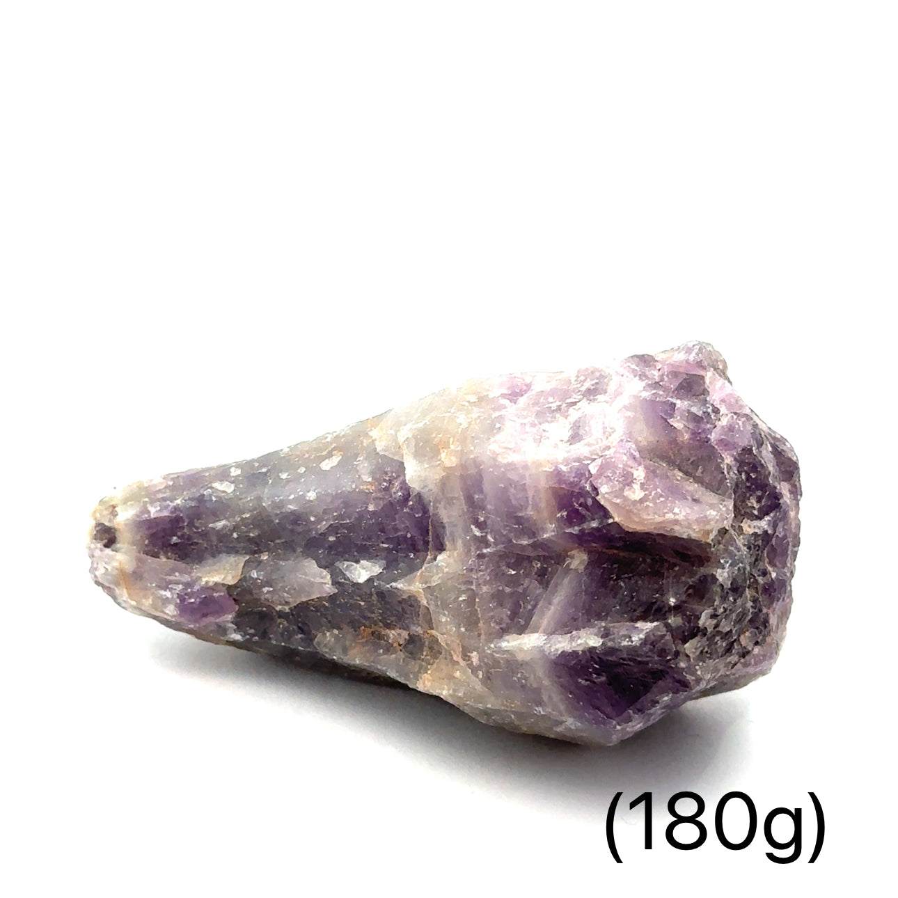 A  (180g)  size raw Amethyst or Prasiolite gemstones on a white background,  front overview.
