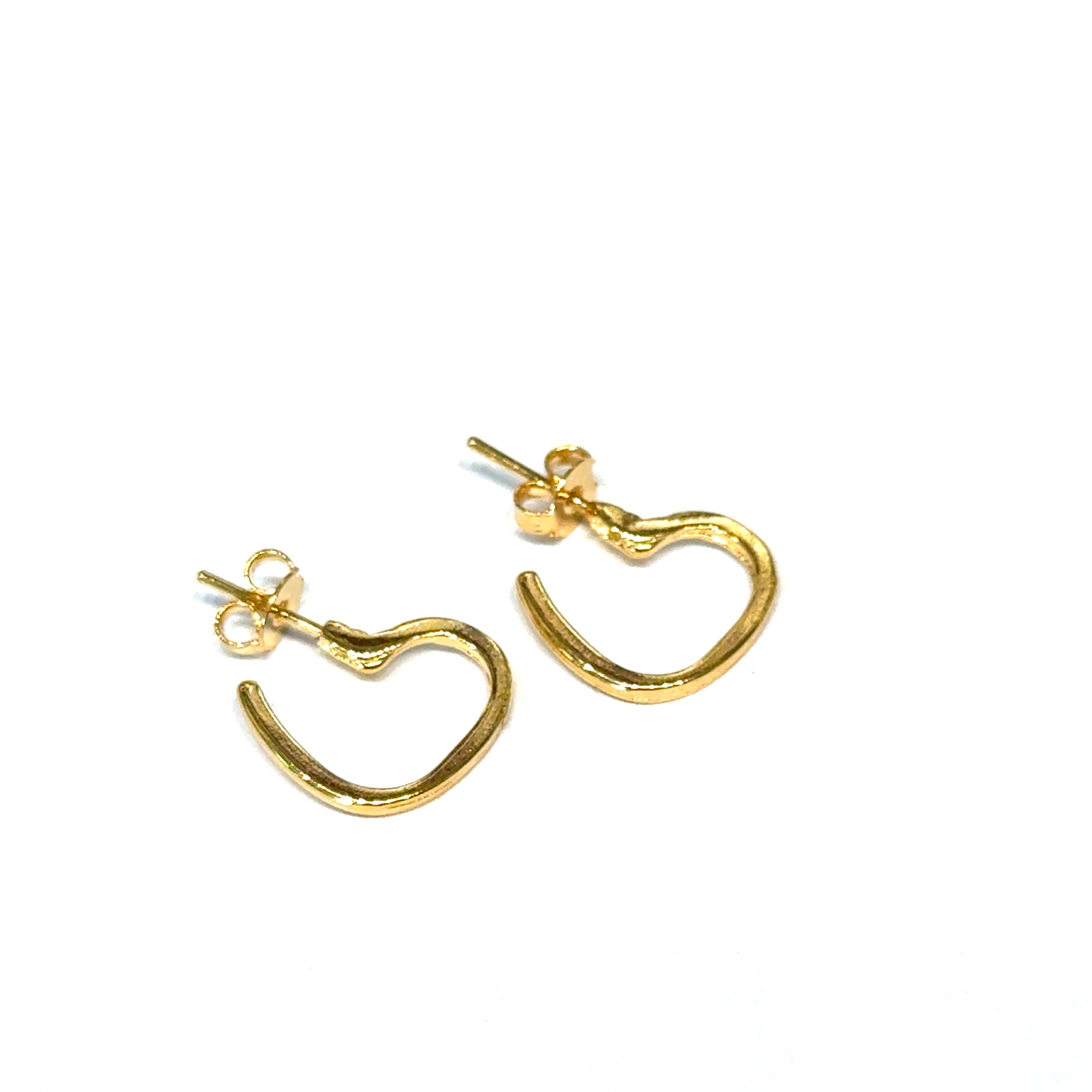 A 18K gold-filled heart hoop stud earrings 13mm delicate romantic style hypoallergenic, on a white background, front overview. 