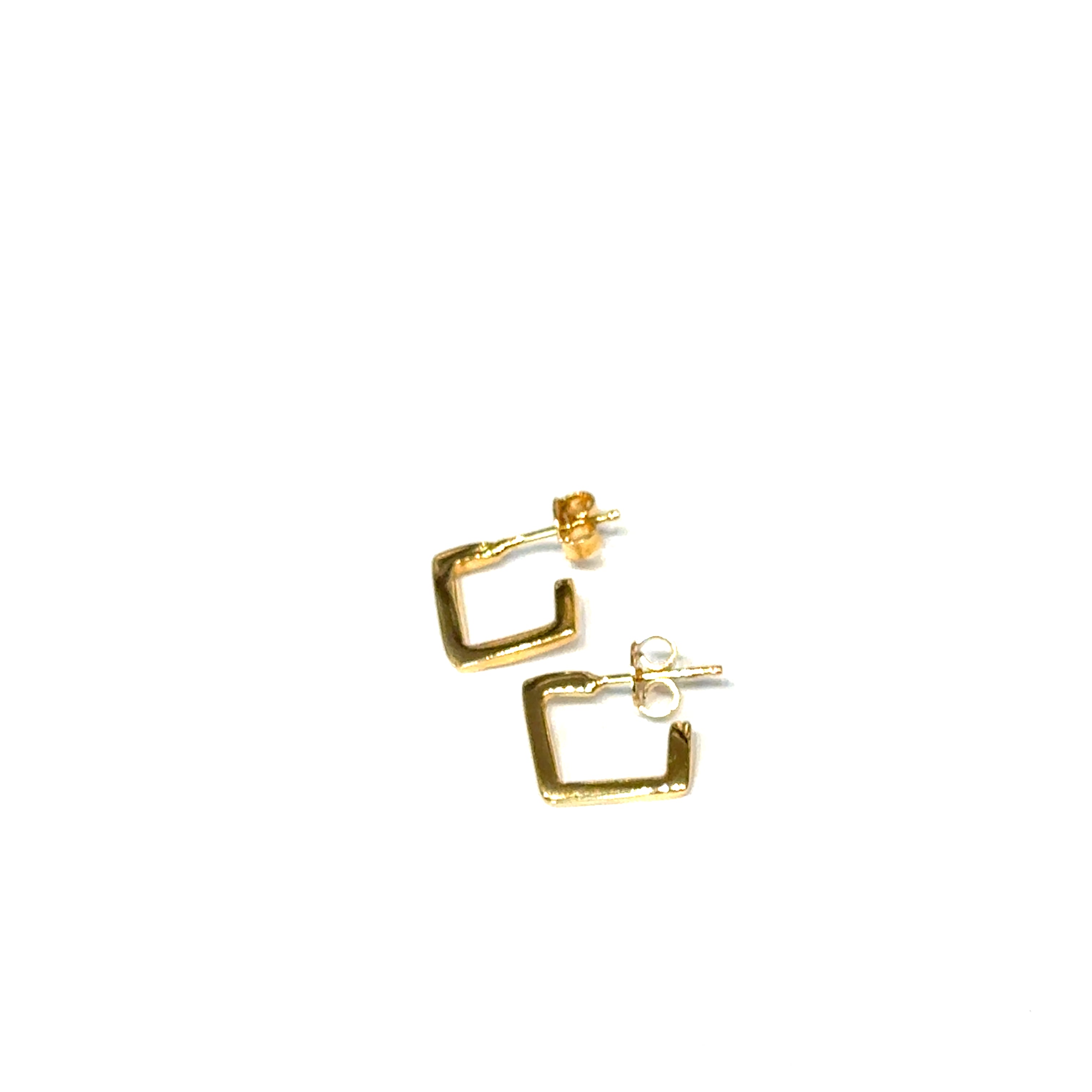 A 18K gold-filled square hoop stud earrings 11mm delicate geometric style hypoallergenic, on a white background, front overview