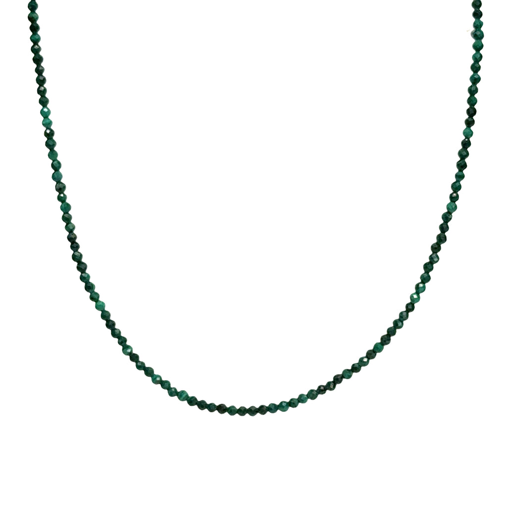 A 2mm faceted round malachite gemstone necklace with gold-filled lobster claw clasp on white background, long hanging view.