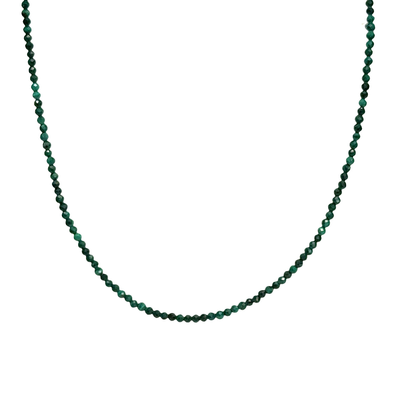 A 2mm faceted round malachite gemstone necklace with gold-filled lobster claw clasp on white background, long hanging view.