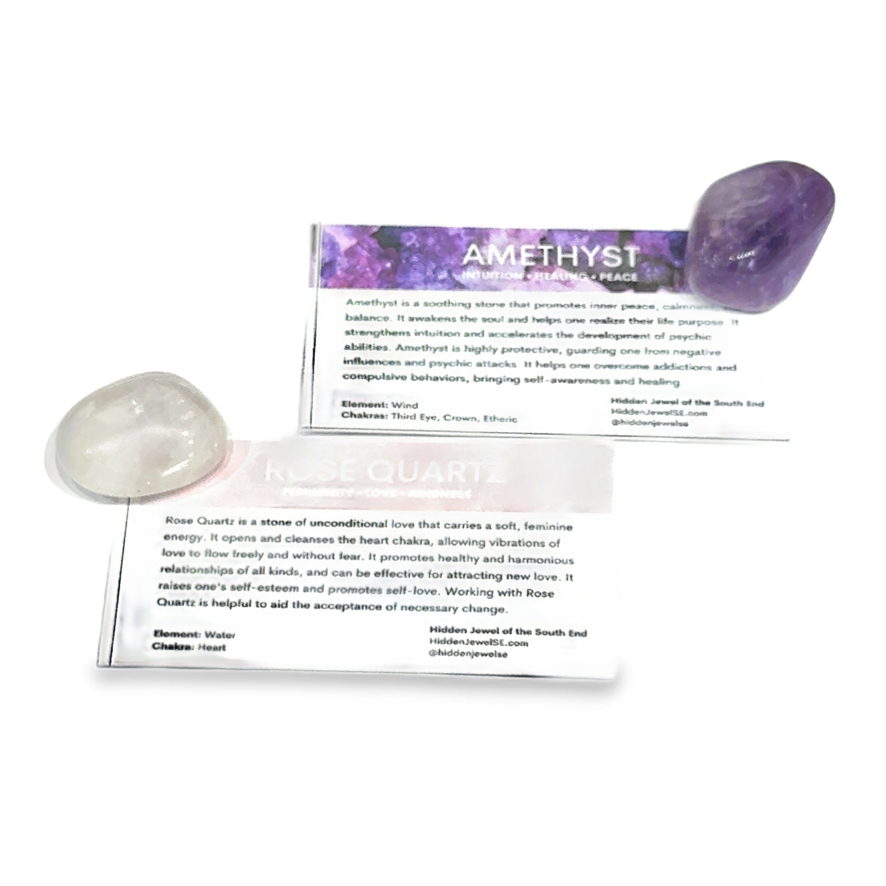 A Amethyst and a Rose Quartz gemstone with the informational card on a white background, front view.