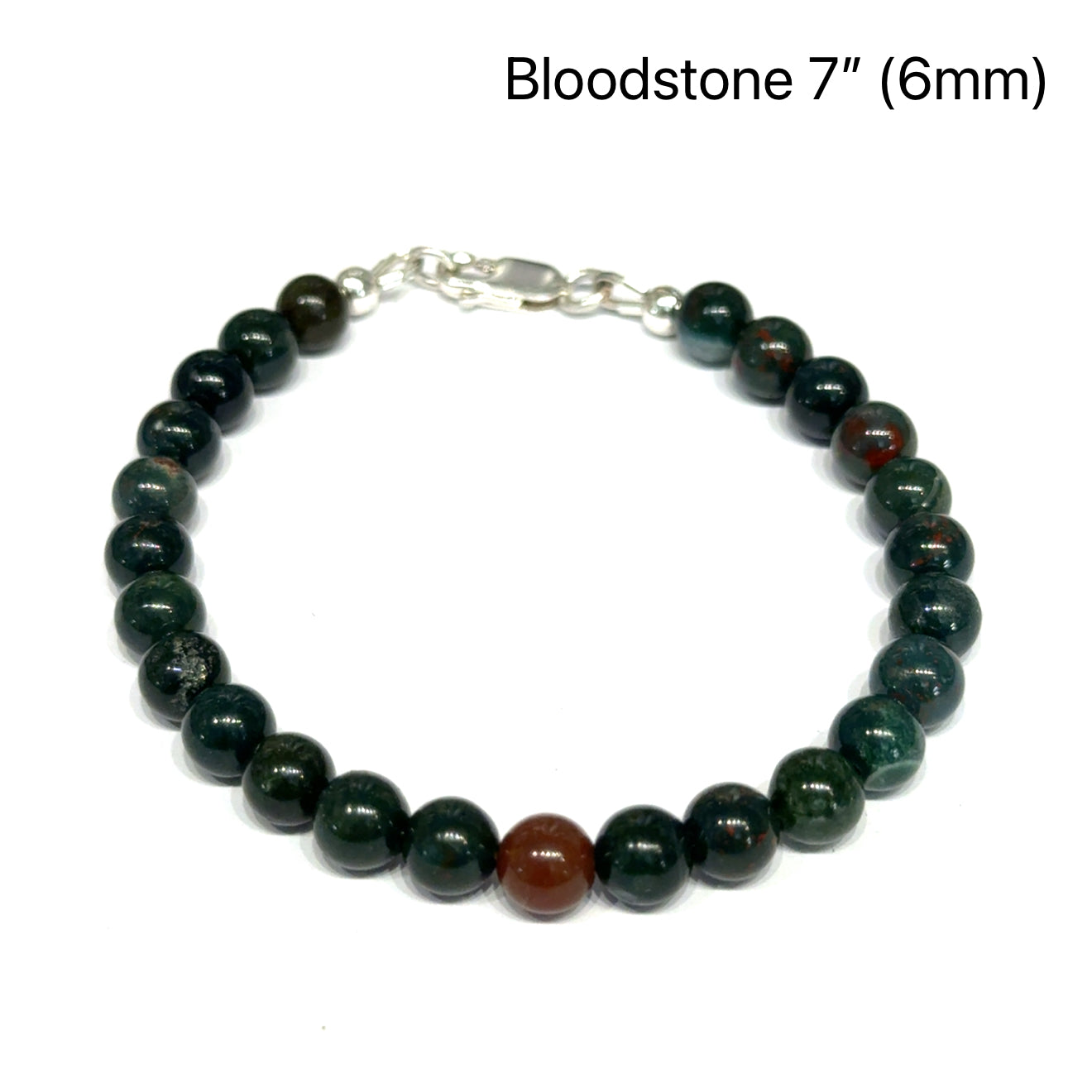 A Bloodstone beaded bracelet with 6mm smooth round gemstones and sterling silver lobster claw clasp size 7'' for courage and vitality on a white background, front overview. 