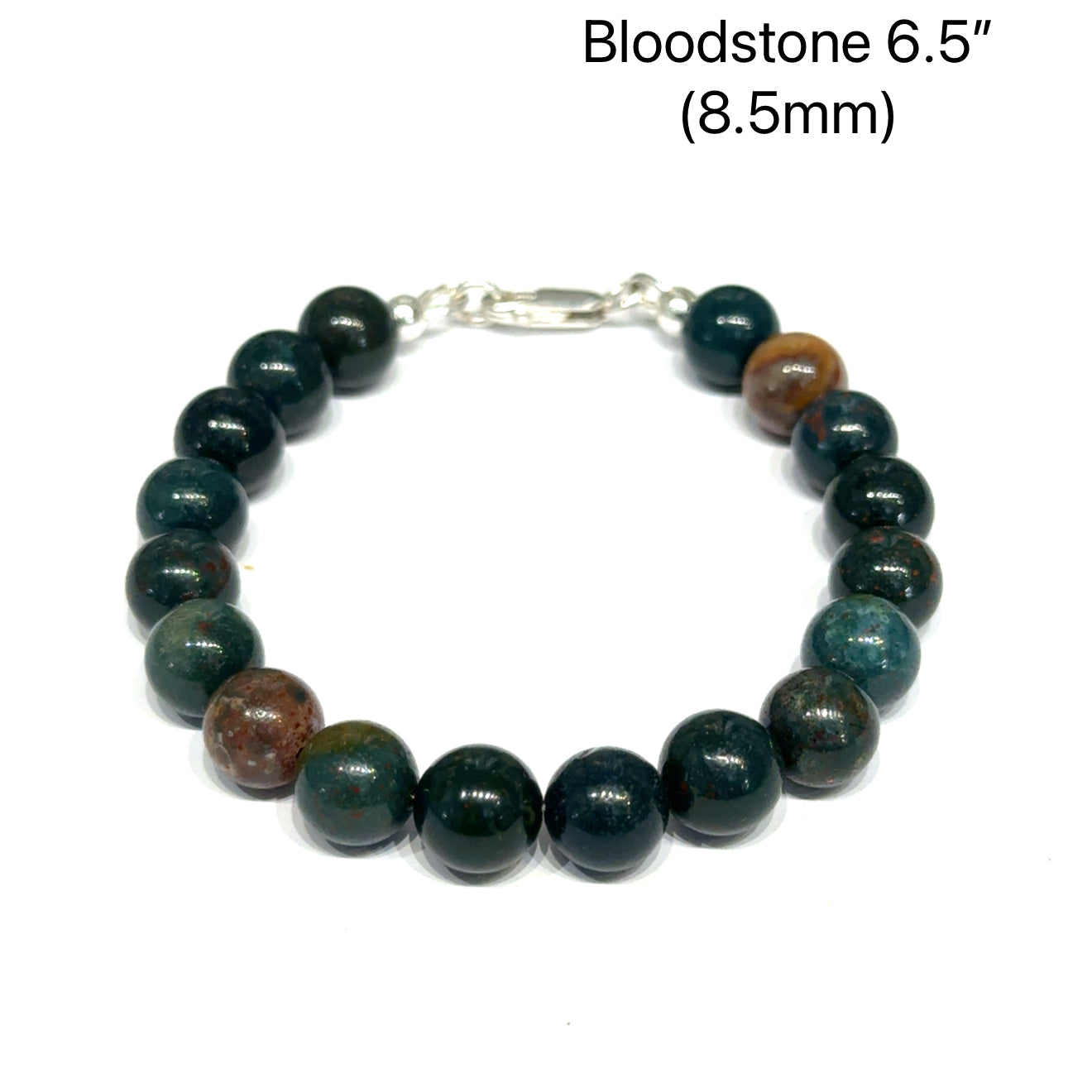 A Bloodstone beaded bracelet with 8.5mm smooth round gemstones and sterling silver lobster claw clasp size 6.5'' for courage and vitality on a white background, front overview. 