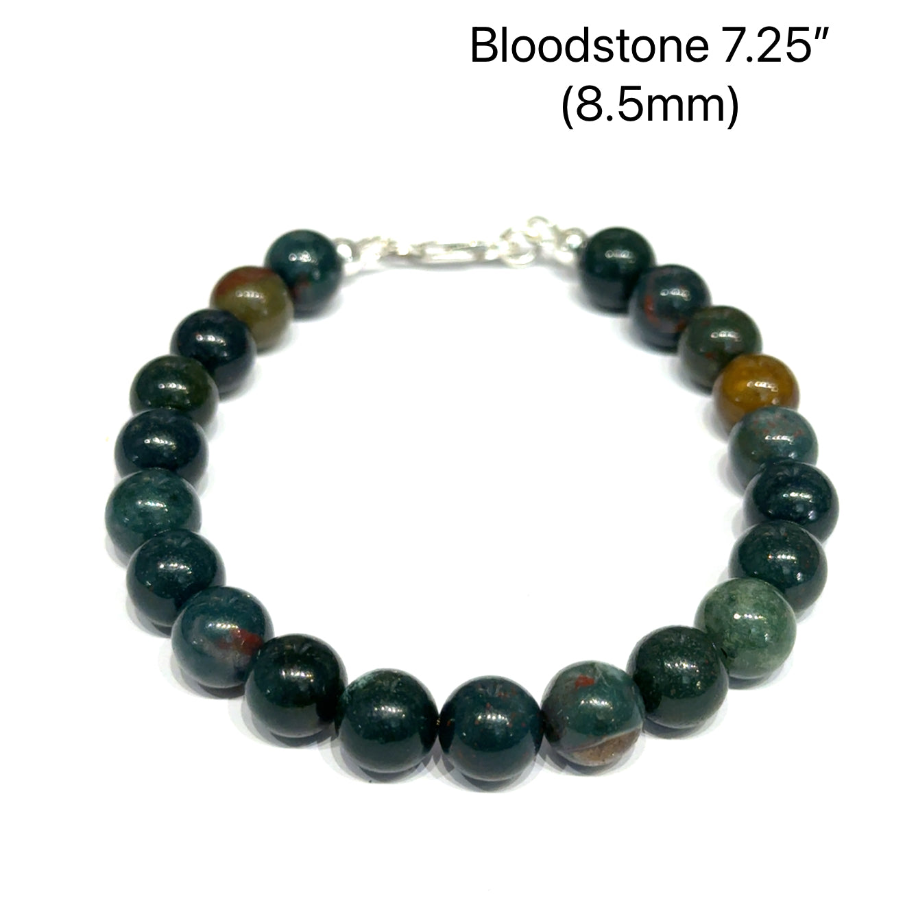 A Bloodstone beaded bracelet with 8.5mm smooth round gemstones and sterling silver lobster claw clasp size 7.25'' for courage and vitality on a white background, front overview. 