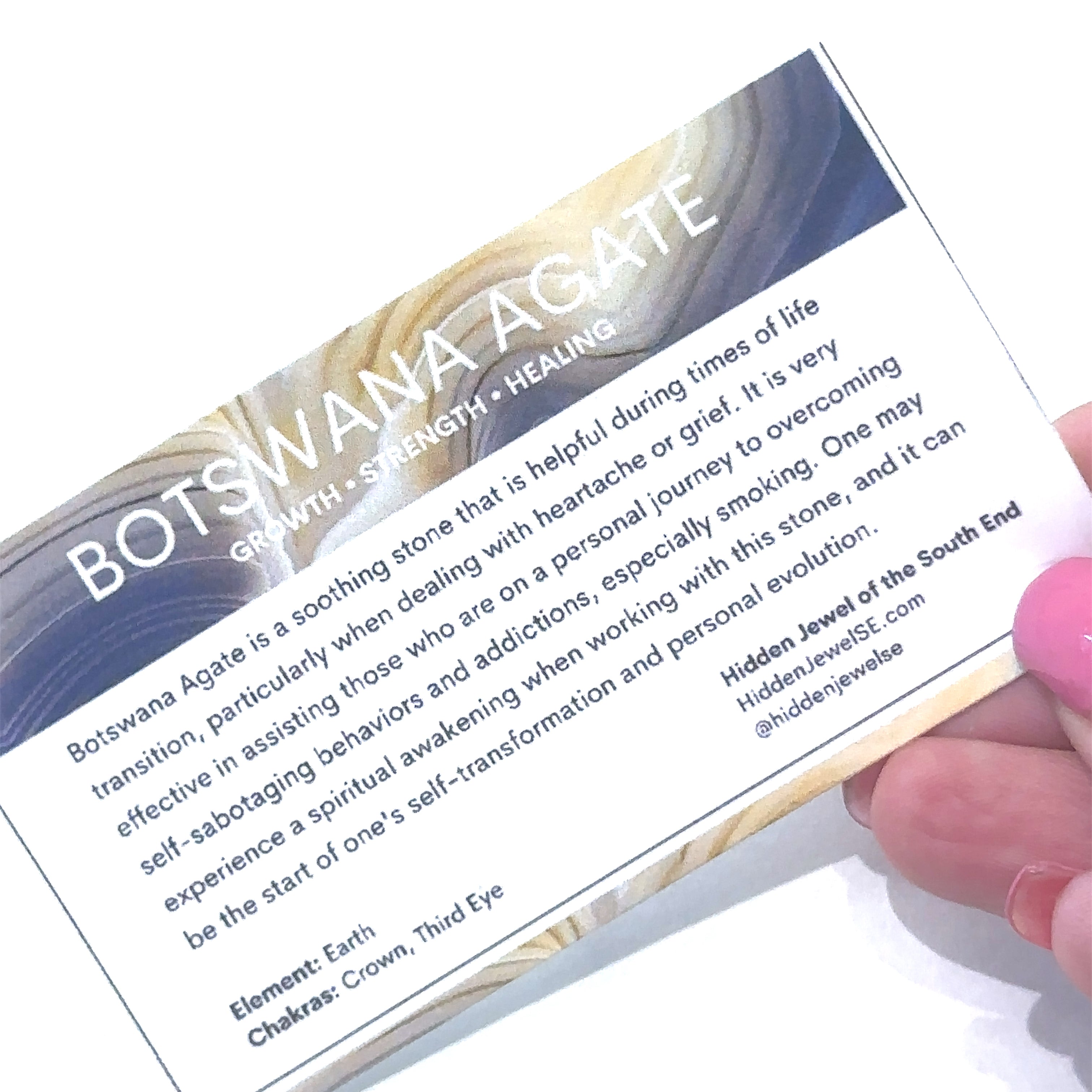 A Botswana Agate gemstone information card on a white background front view. 