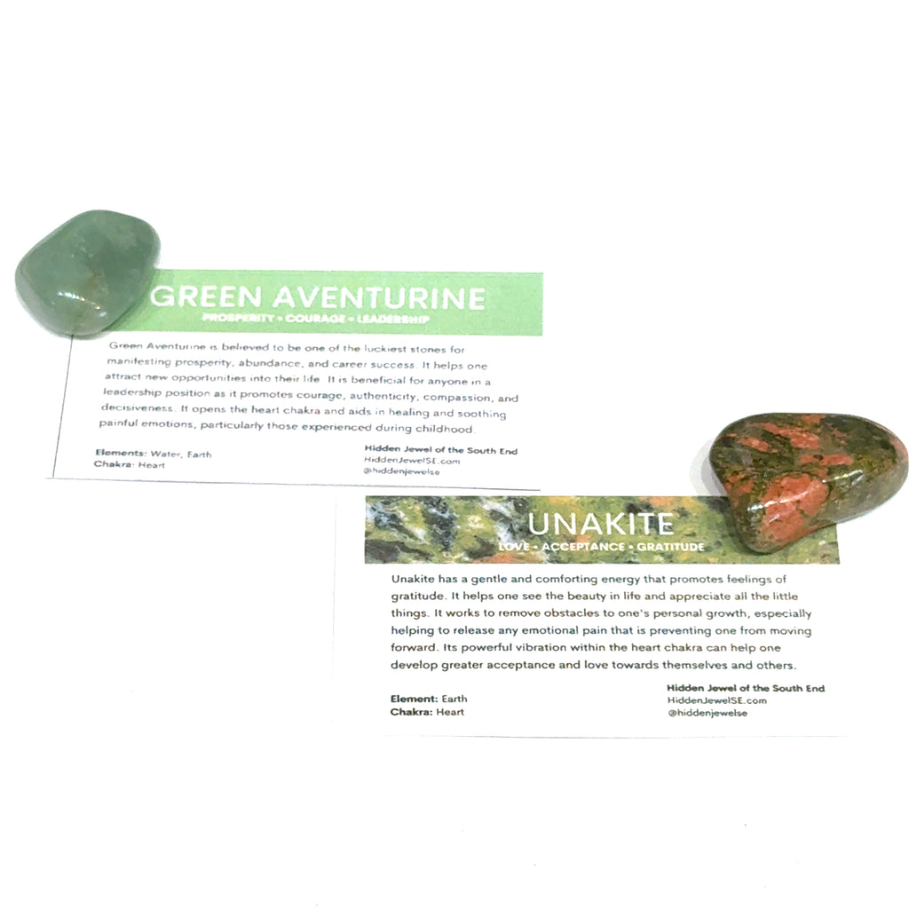 A Green Aventurine and a Unakite gemstone with the informational card on a white background, front view.
