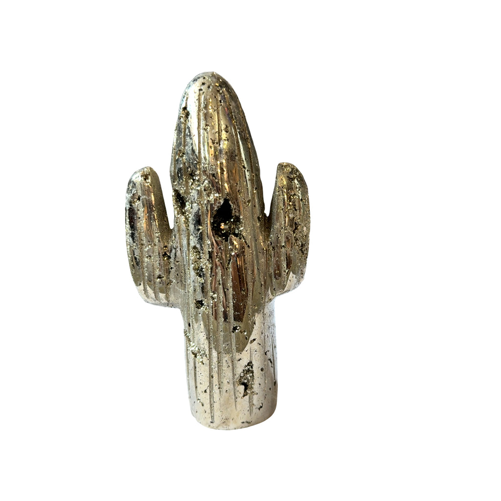 A Hand-carved pyrite cactus sculpture in metallic gold for manifestation and abundance on a white background, back view. 