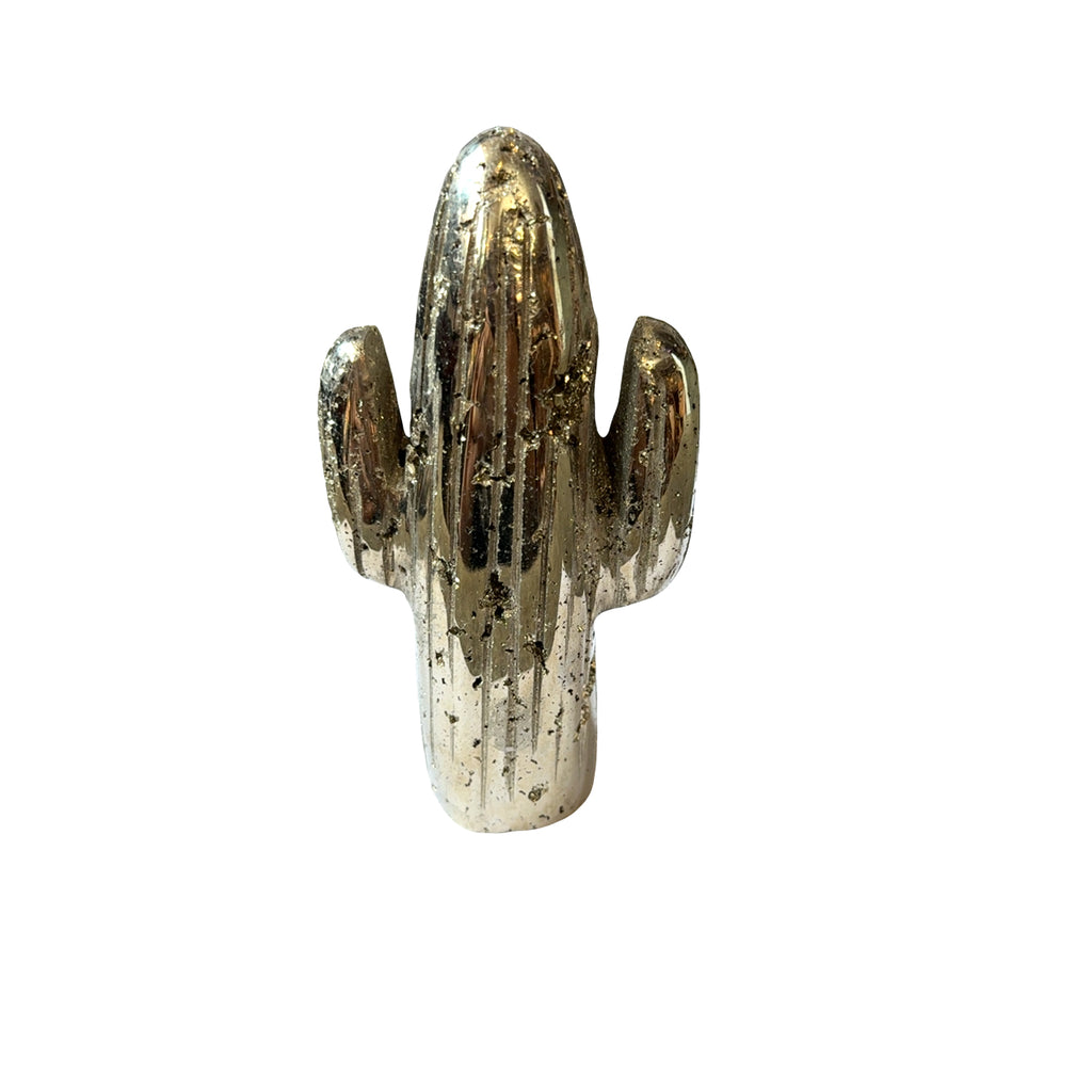 A Hand-carved pyrite cactus sculpture in metallic gold for manifestation and abundance on a white background, front view. 
