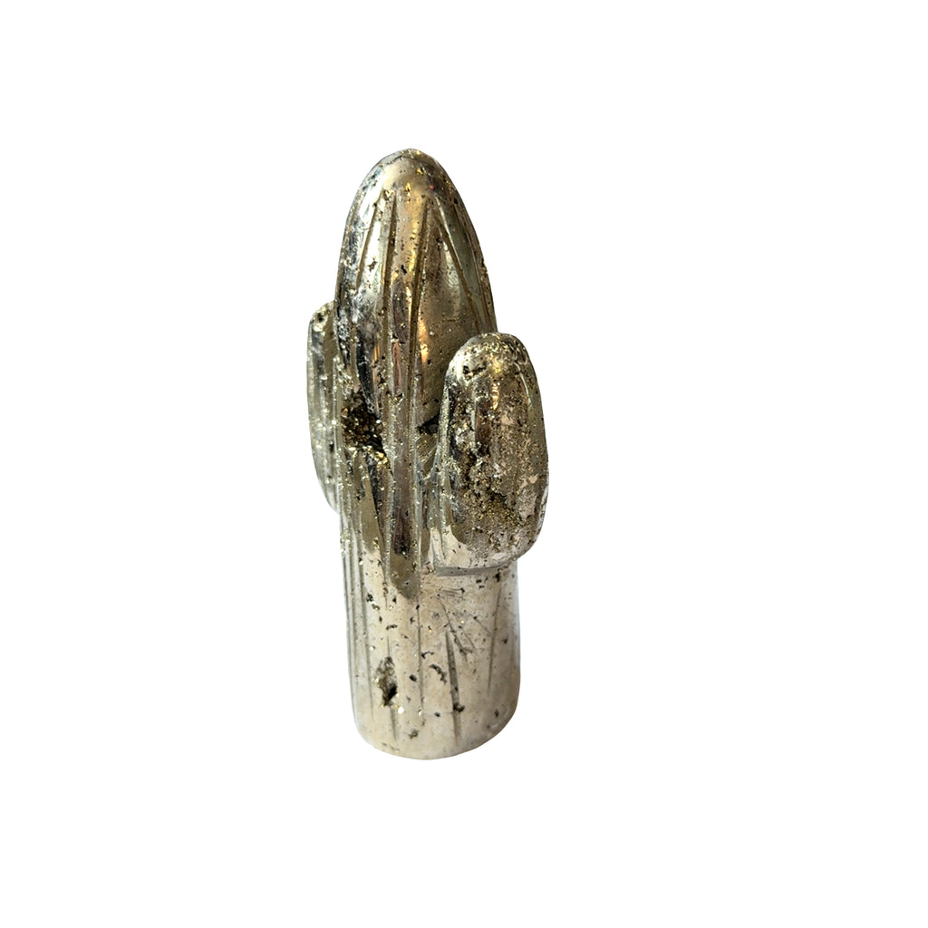 A Hand-carved pyrite cactus sculpture in metallic gold for manifestation and abundance on a white background, left angle view. 