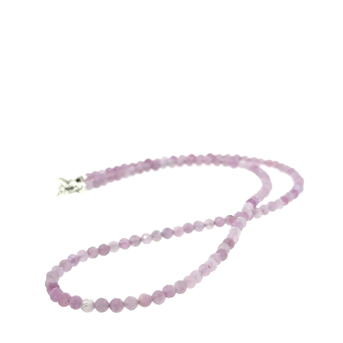 A Kunzite micro-faceted bead necklace, front over view of the handmade spiritual jewelry, Hidden Jewel of the South End, Boston