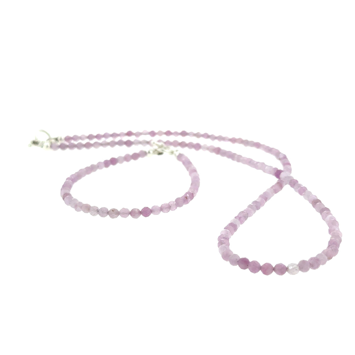 A Kunzite micro-faceted bead necklace, front over view of the handmade spiritual necklace and its matching bracelet, Hidden Jewel of the South End, Boston