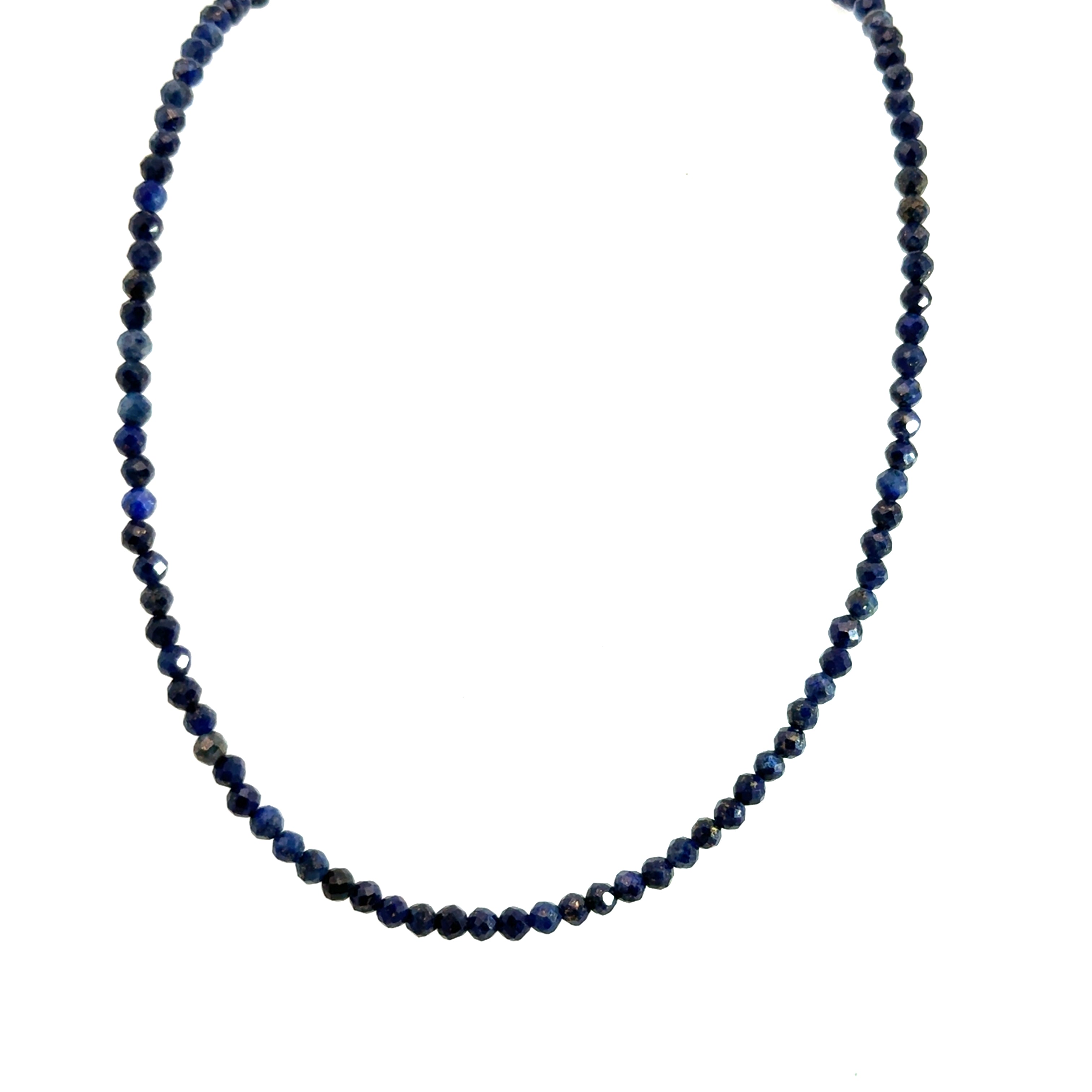 A Lapis Lazuli gemstone beaded necklace white background long overview, front, long, hanging overview.