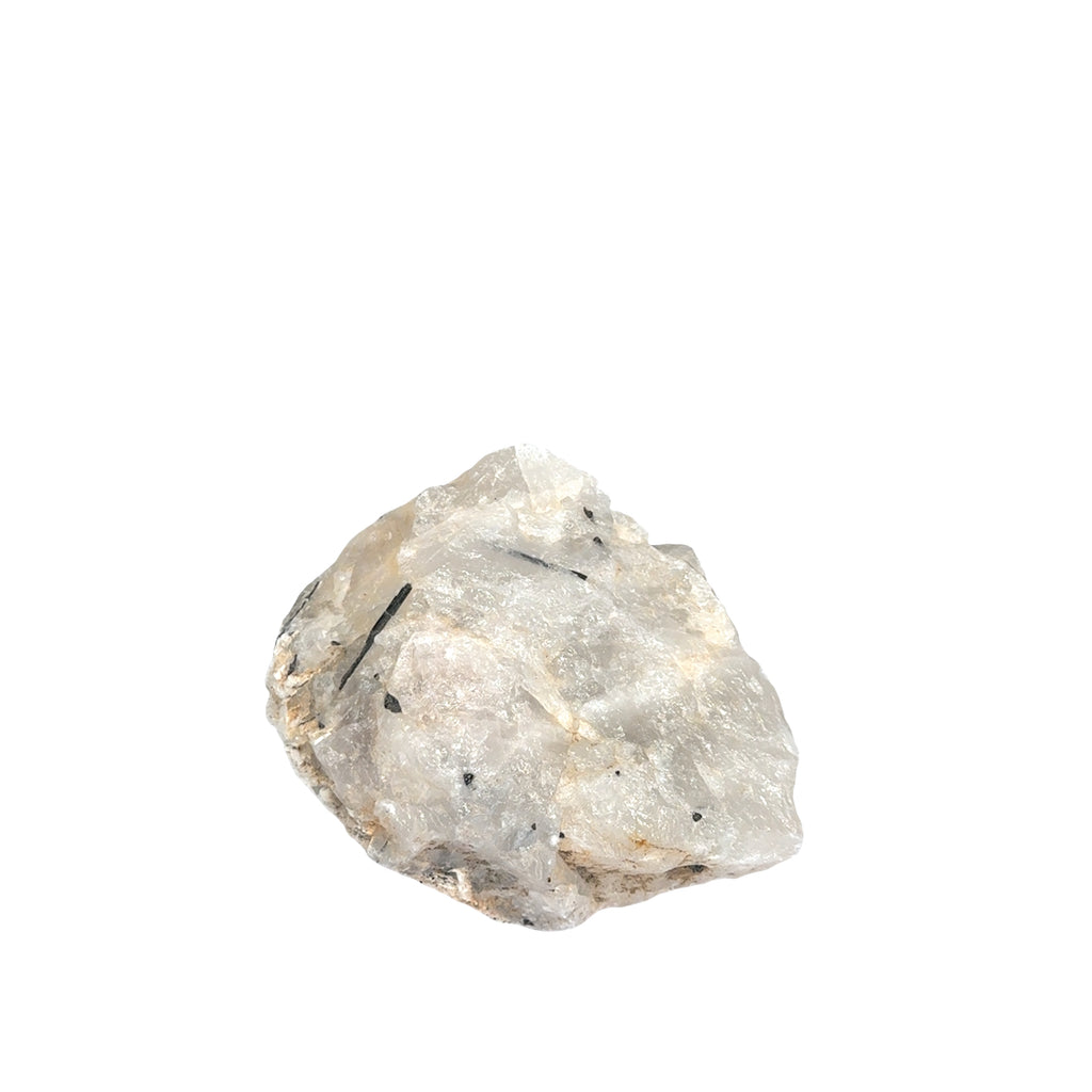 A Large moonstone specimen with black tourmaline threads creating striking contrast against luminous white stone on a white back ground, front view. 