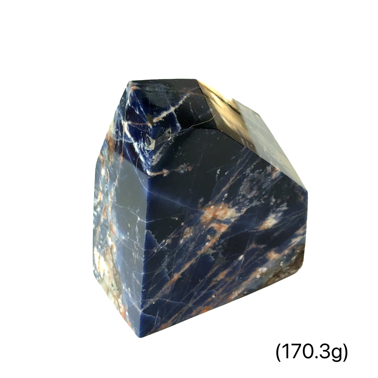 A Orange Sodalite freeform gemstone (170.3g) on a white background, front view.