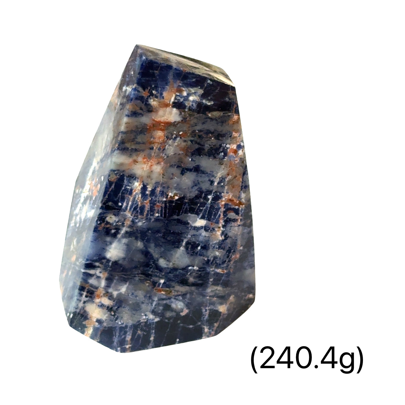A Orange Sodalite freeform gemstone (240.4g) on a white background, front view.