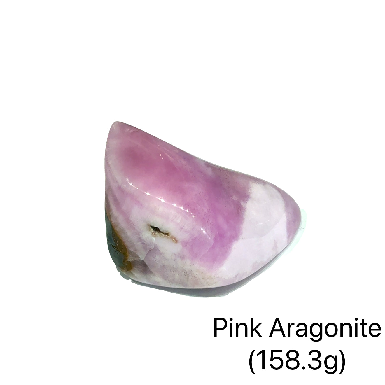 A Pink aragonite crystal on a white background with a weight of (158.3g), front view.
