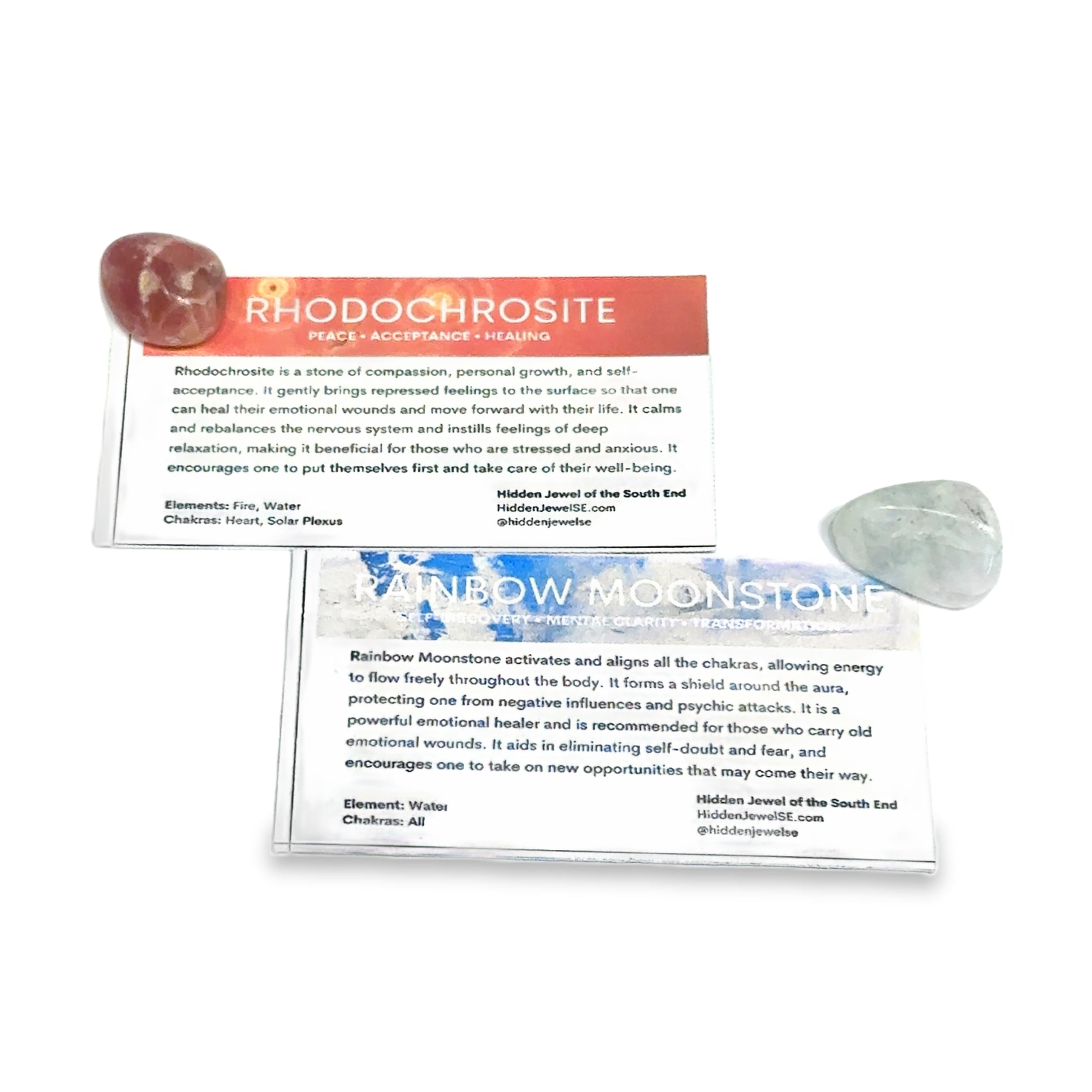 A Rodochrosite and a Rainbow Moonstone gemstone with the informational card on a white background, front view.