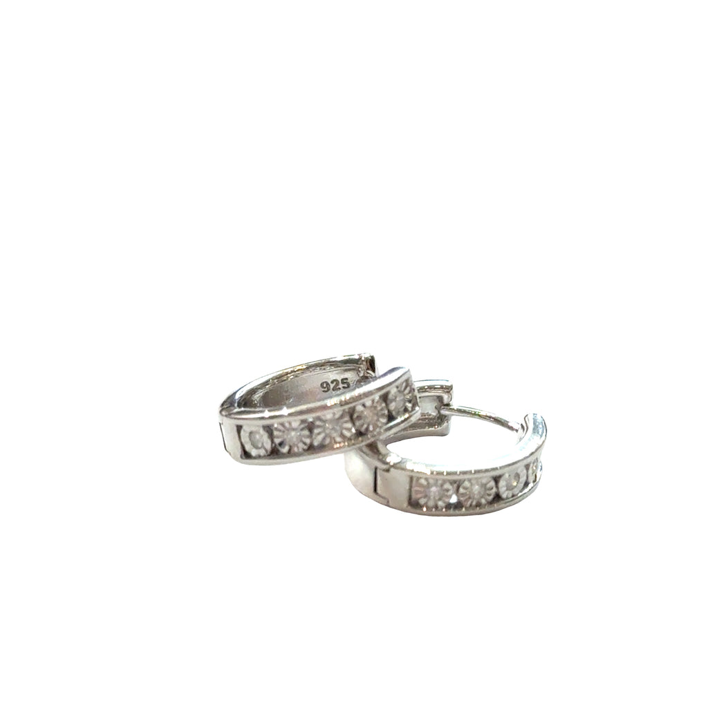 A Sterling Silver .8ct 10 Lab Grown Diamond channel set huggie hoop earrings on a white background, front view. 