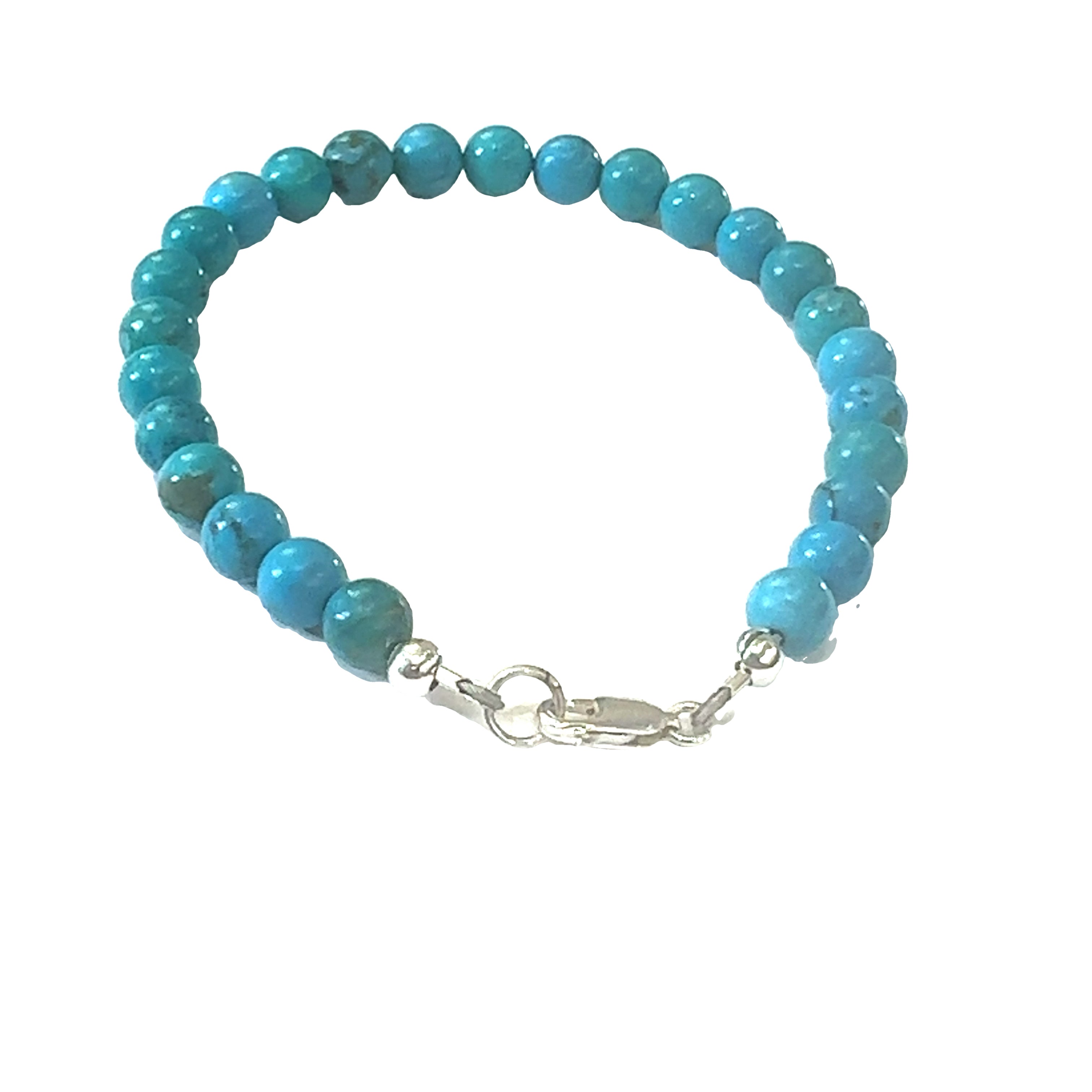 A  Top-grade Turquoise 6mm gemstone smooth beads strung on durable Beadalon wire with a sterling silver lobster claw on a white background  lobster claw view.