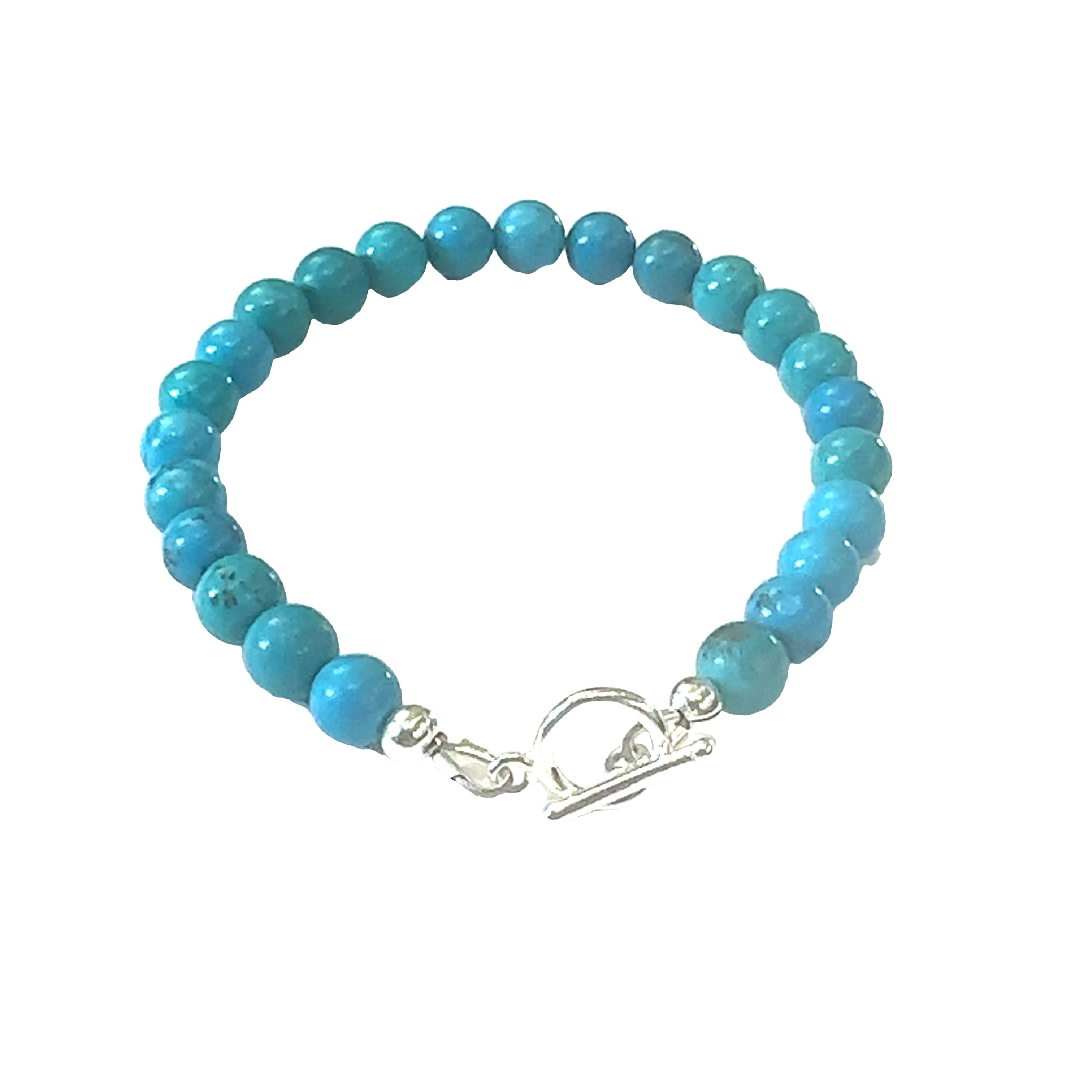 A  Top-grade Turquoise 6mm gemstone smooth beads strung on durable Beadalon wire with a sterling silver toggle on a white background  back center view.