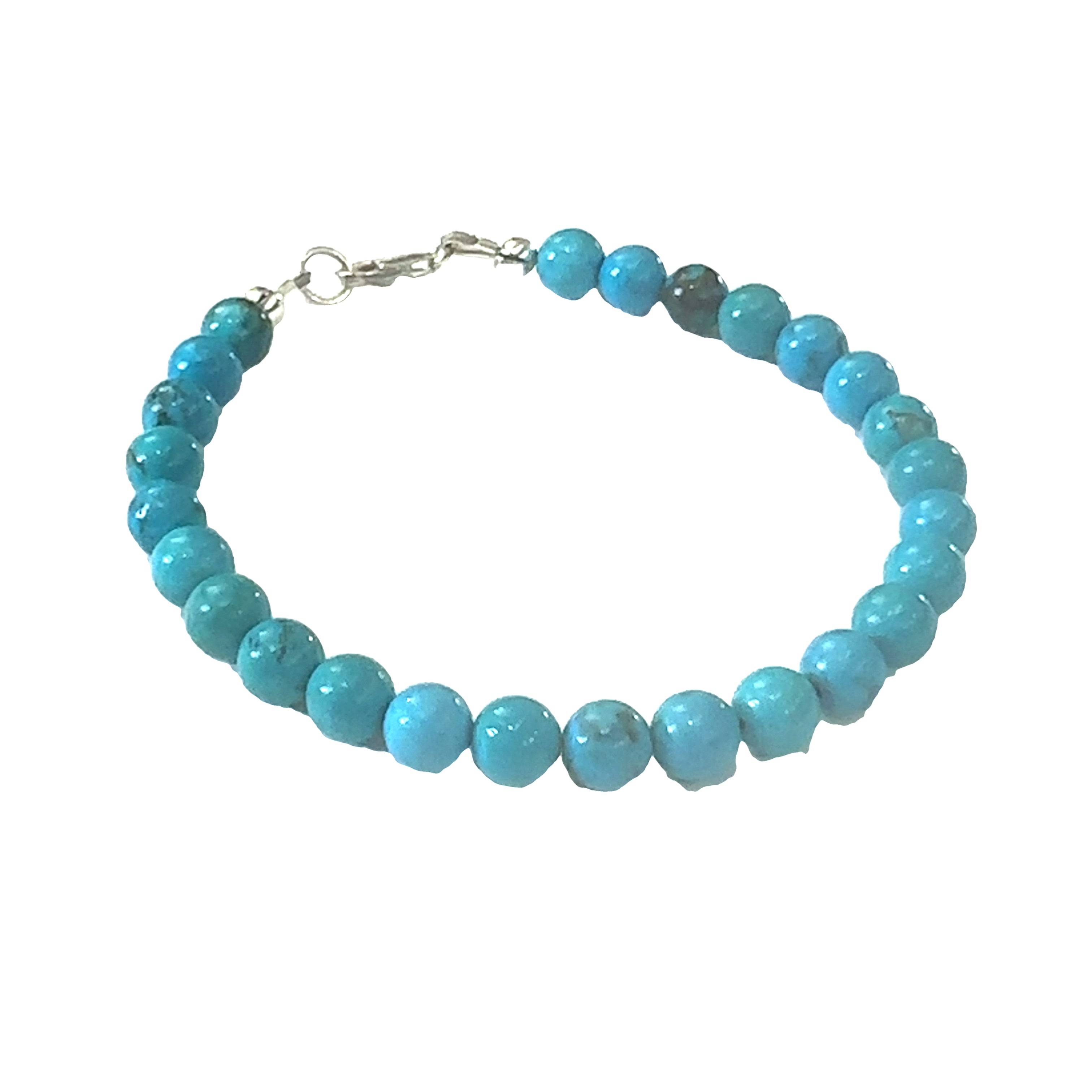 A  Top-grade Turquoise 6mm gemstone smooth beads strung on durable Beadalon wire with a sterling silver toggle on a white background  front center view.