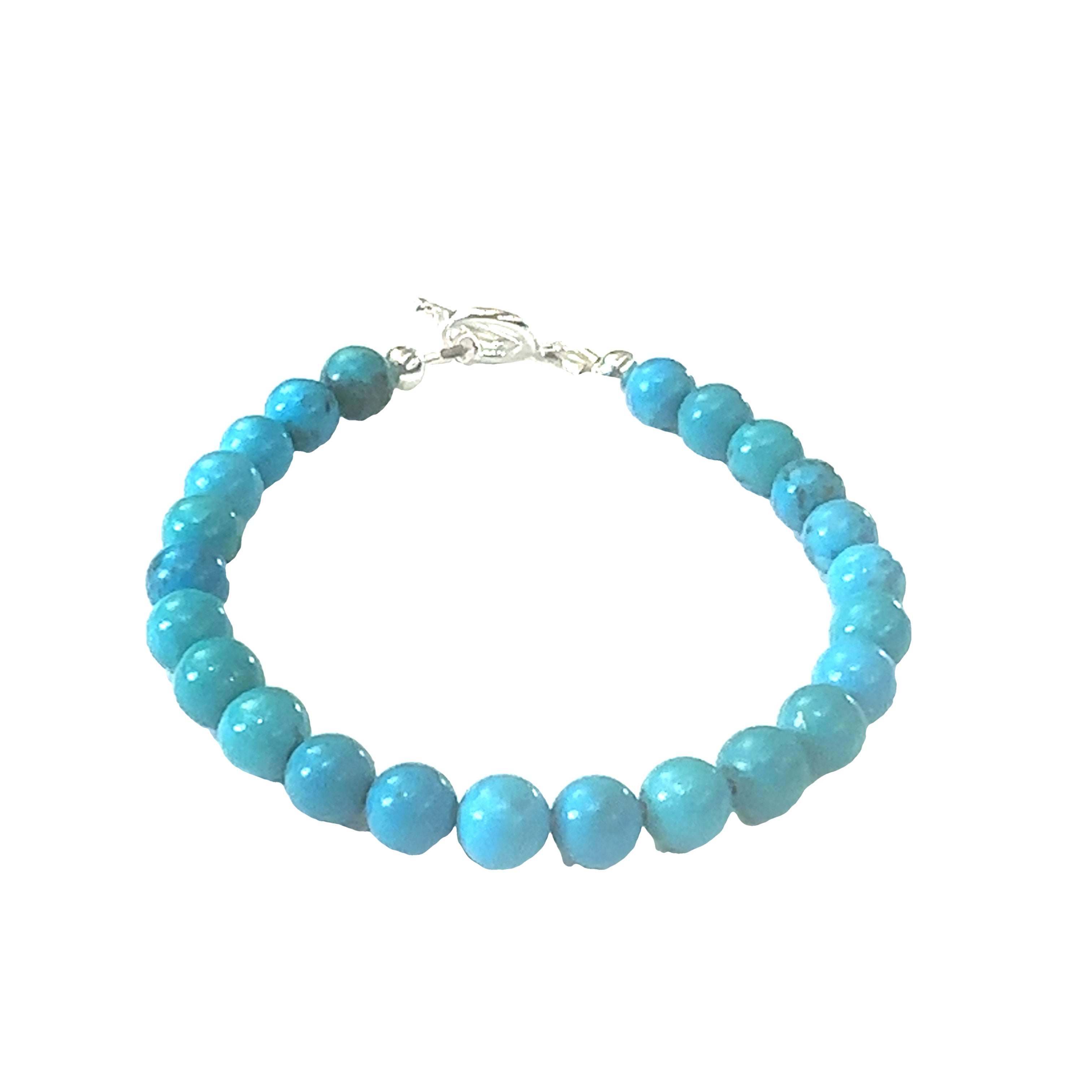 A  Top-grade Turquoise 6mm gemstone smooth beads strung on durable Beadalon wire with a sterling silver toggle on a white background  front view.