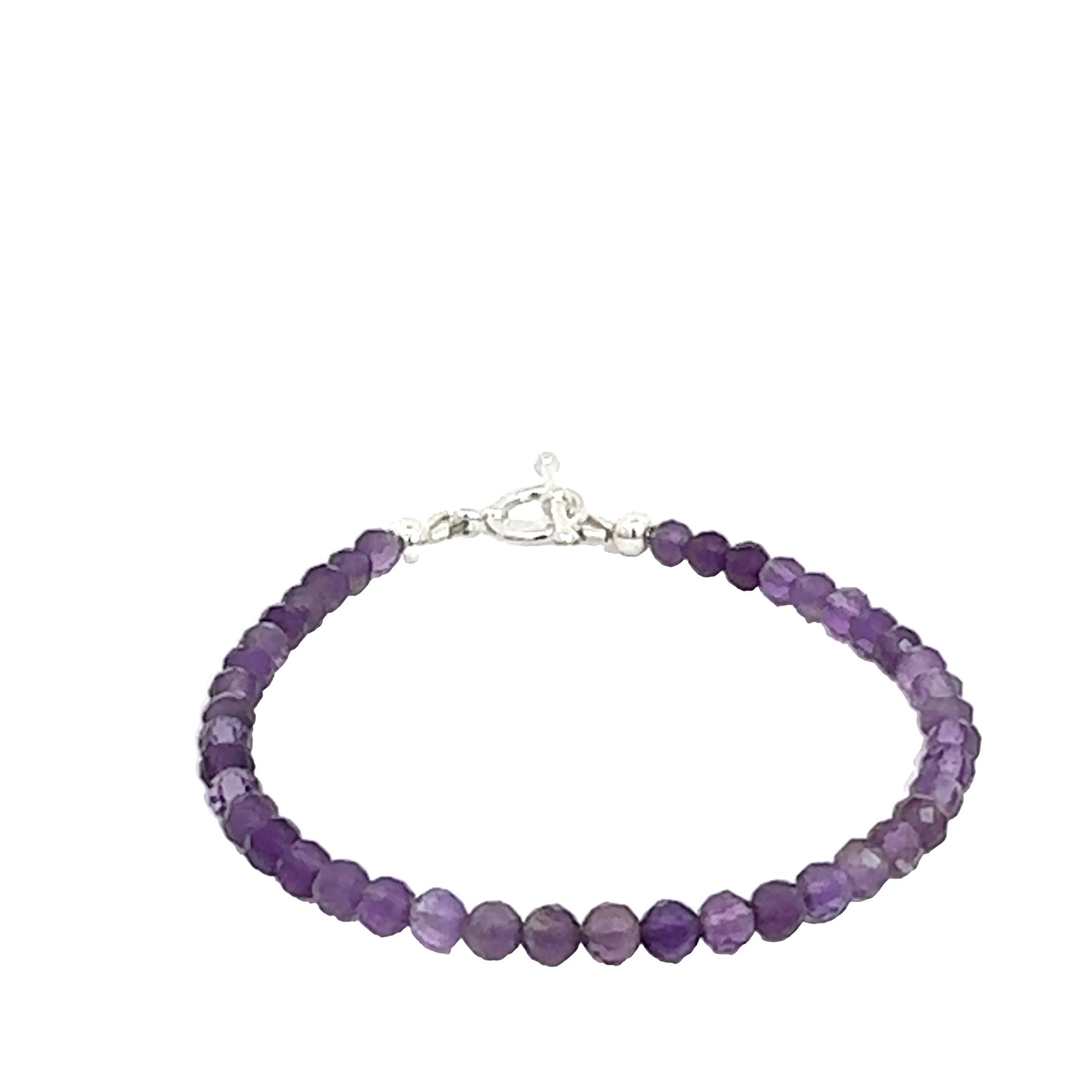 A beaded 3mm faceted  Amethyst gemstone bracelets, displayed against a white background, front close up overview. (toggle)