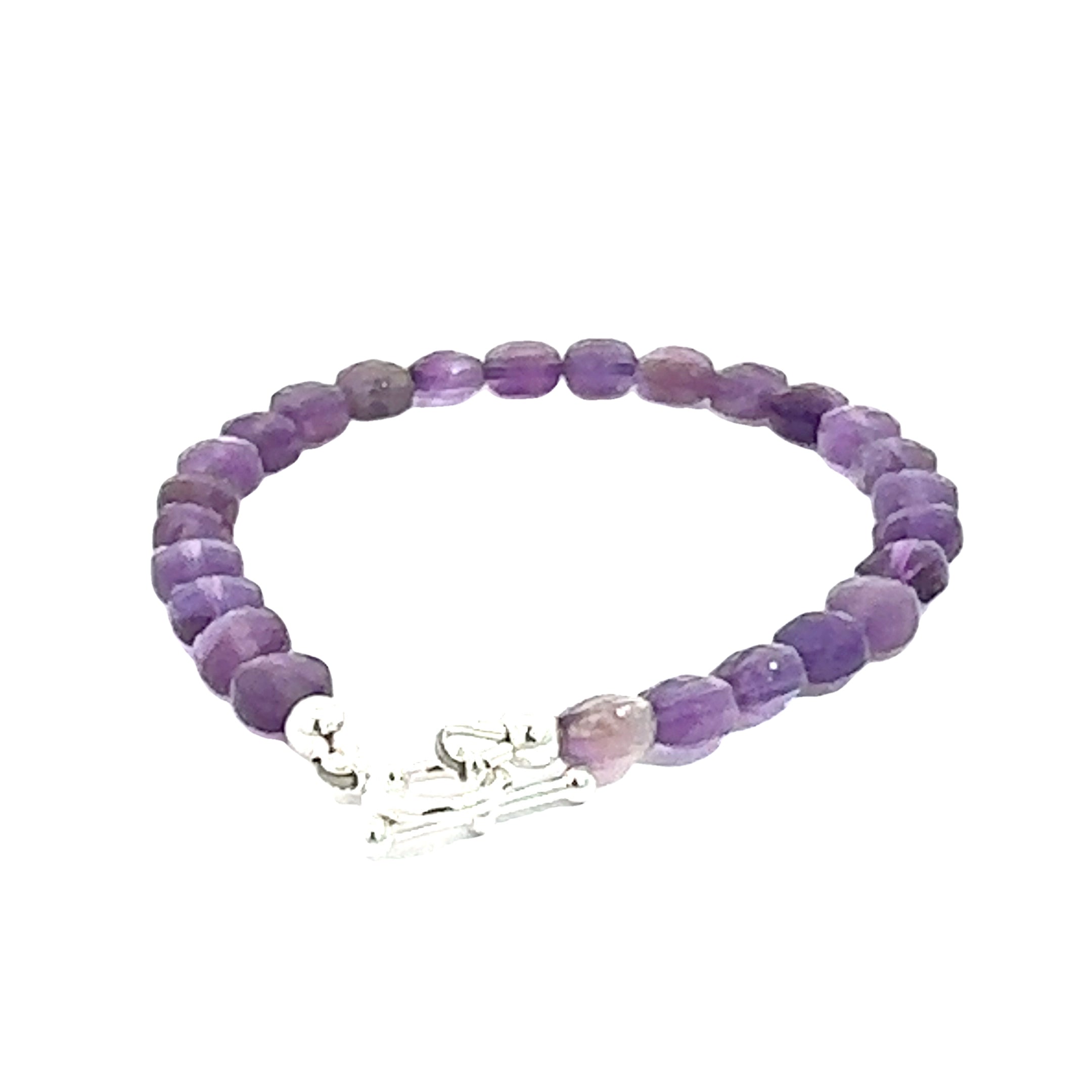 A beaded Amethyst faceted coin gemstone bracelets with a sterling silver toggle, displayed against a white background, back overview. 