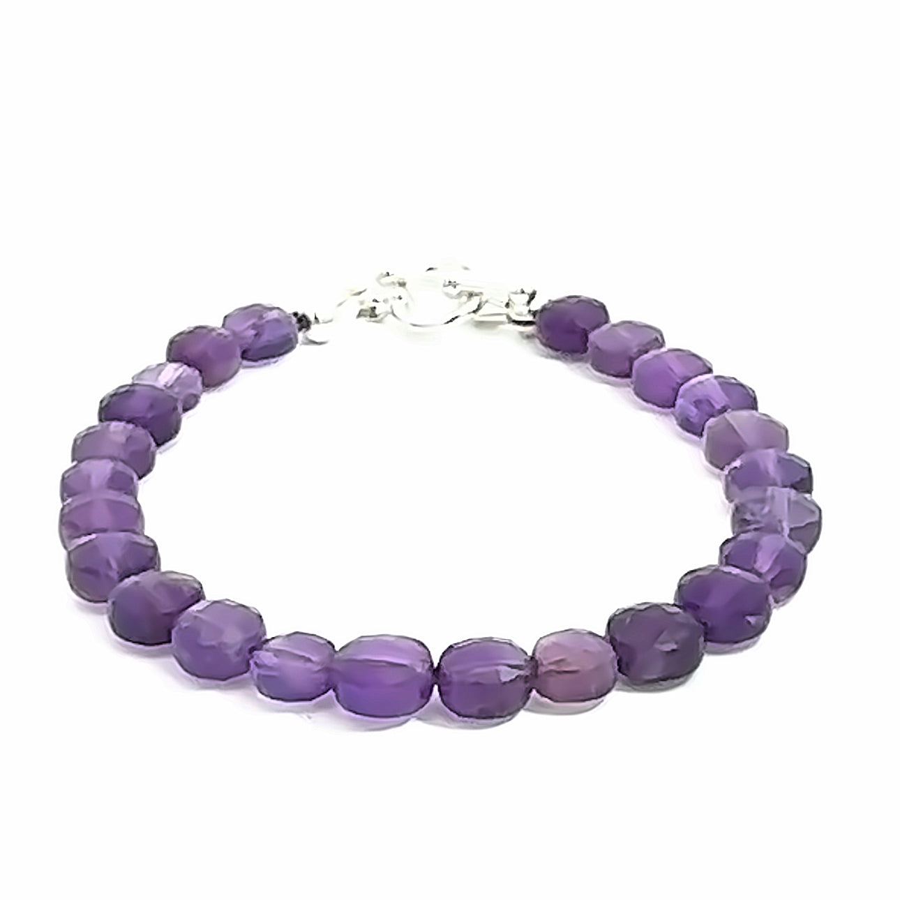 A beaded Amethyst faceted coin gemstone bracelets with a sterling silver toggle, displayed against a white background, front overview. 