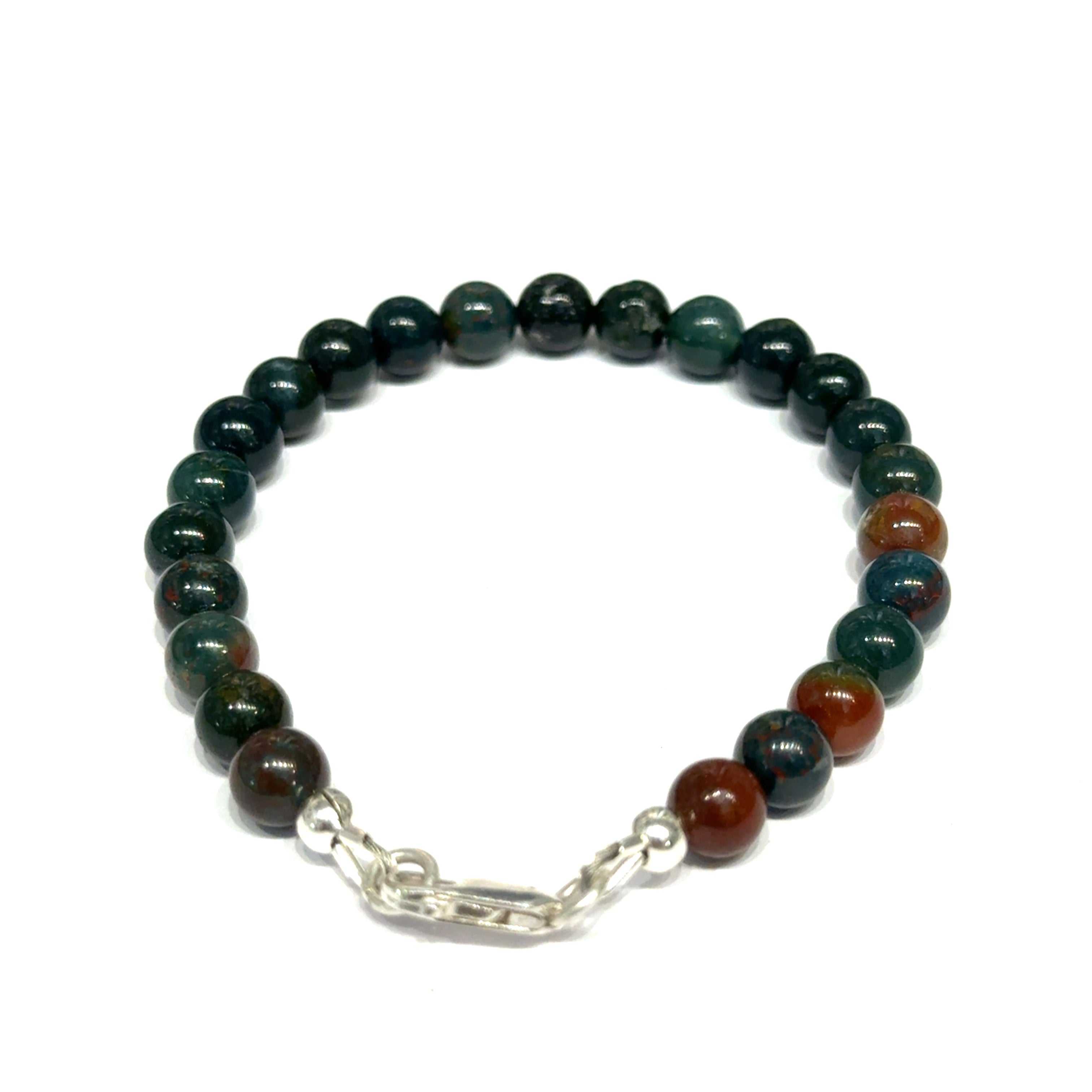 A close-up of polished bloodstone beaded gemstone bracelet  6mm size 6''  showing deep forest green jasper with natural red hematite inclusions on a white background, front back overview. 