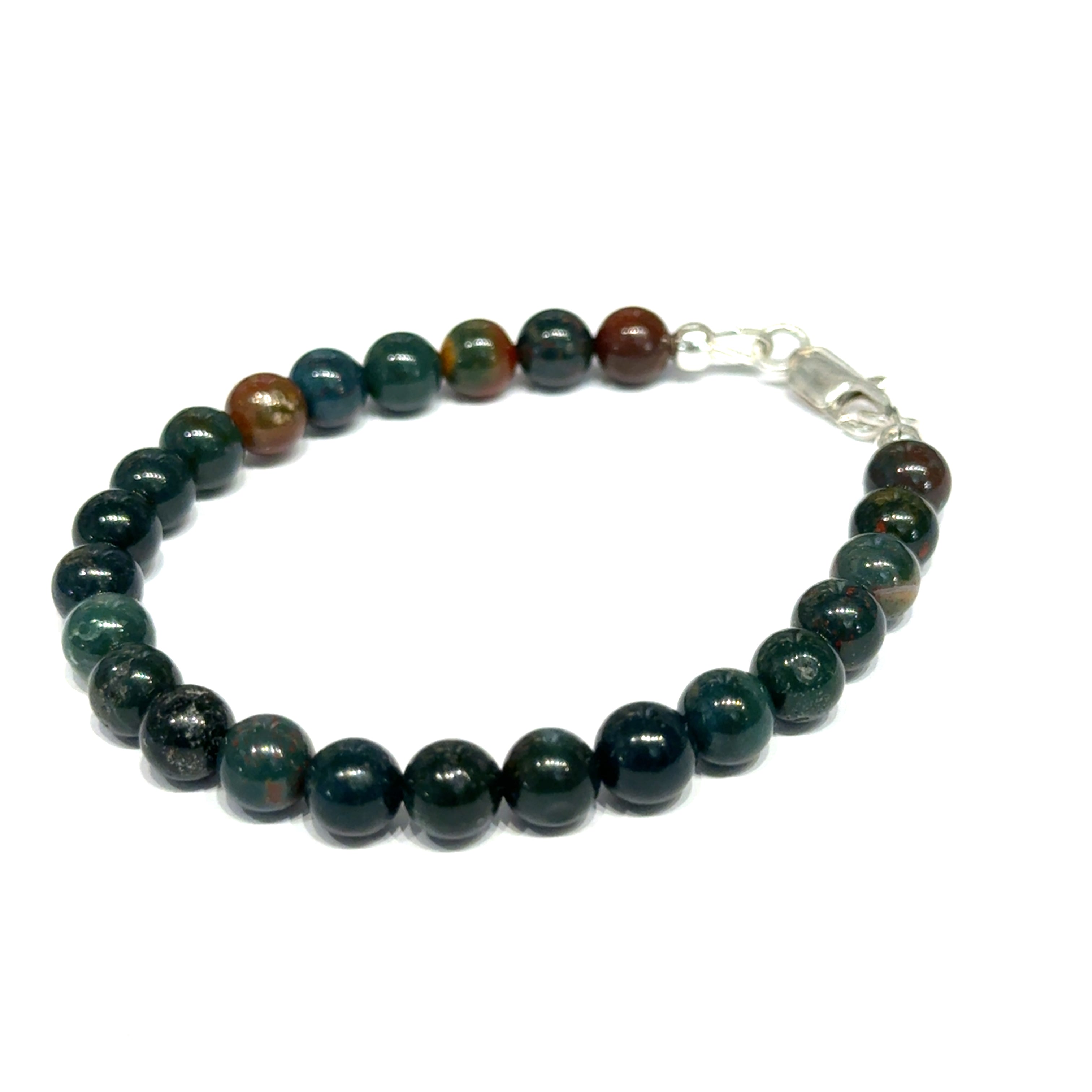 A close-up of polished bloodstone beaded gemstone bracelet  6mm size 6''  showing deep forest green jasper with natural red hematite inclusions on a white background, front left angle overview. 